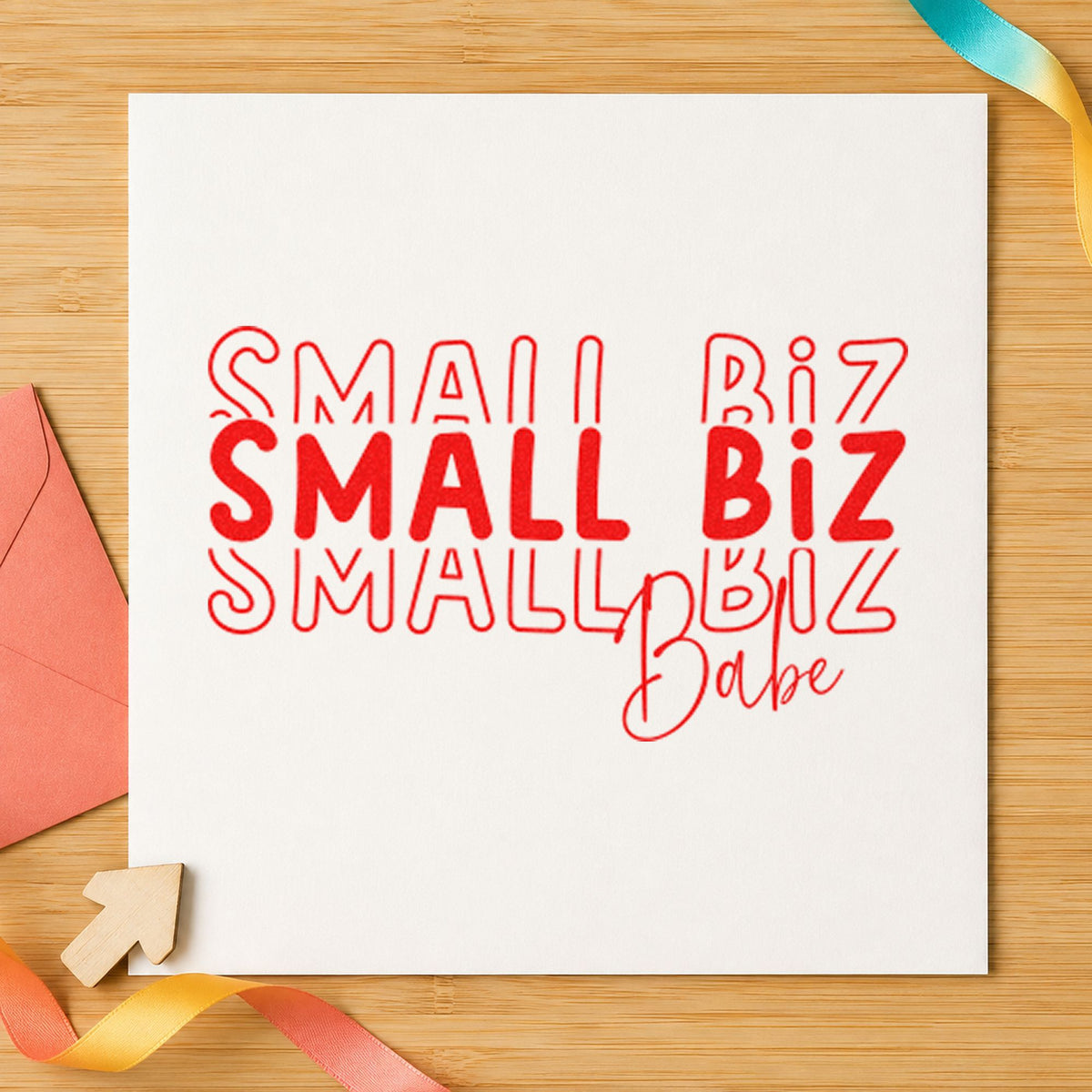 Small Biz Babe Repeated rubber stamp shown in red ink, stamped for projects such as drawer stone labels.