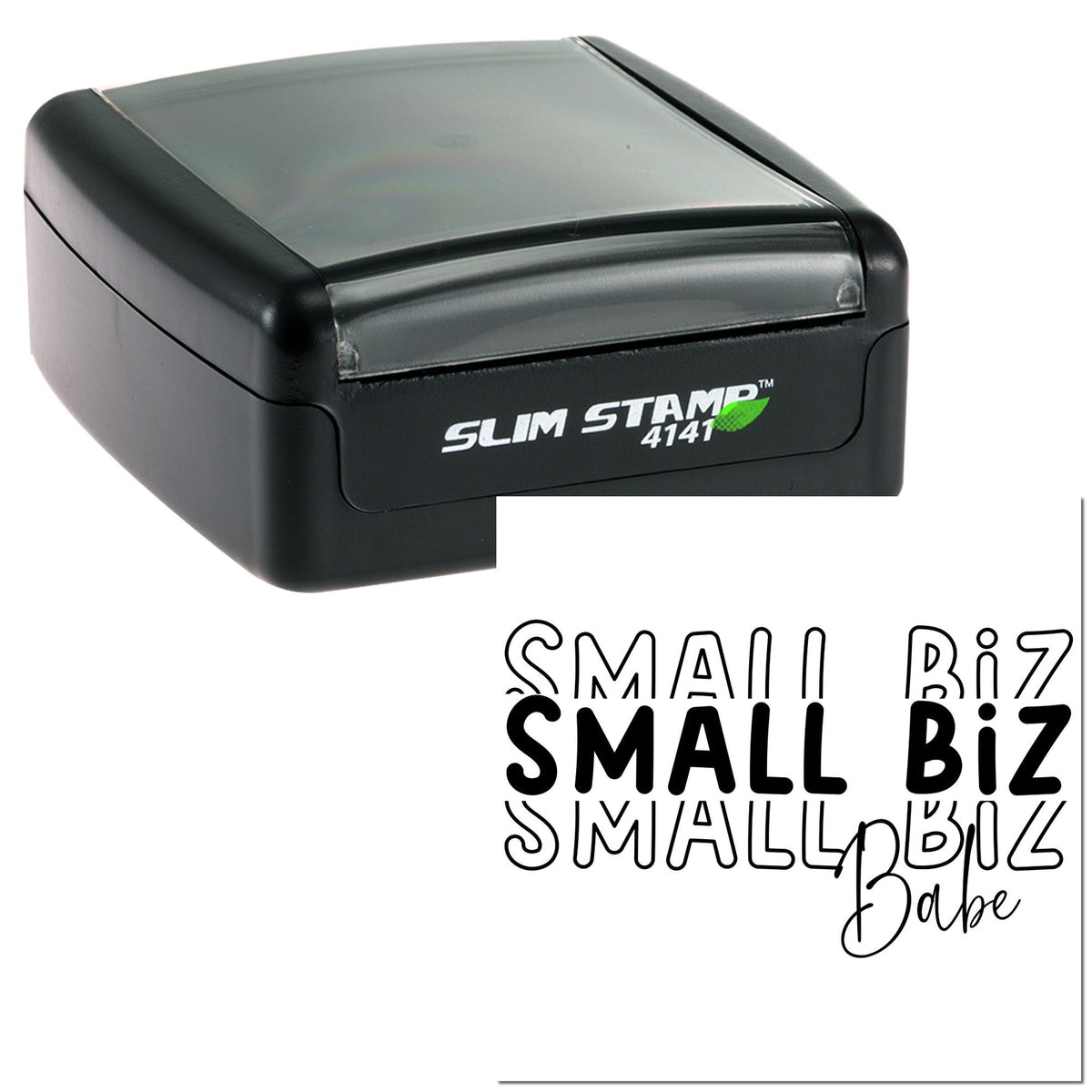 Black Slim Stamp 4141 self-inking stamp with translucent gray lid, showing SMALL BIZ Babe sample impressions on white.