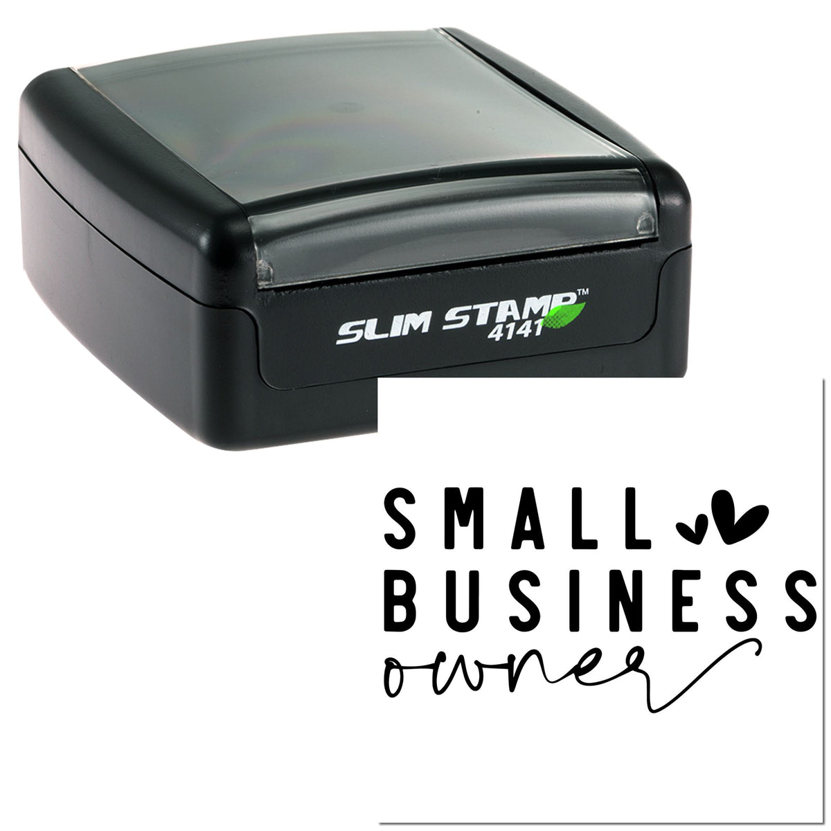 Black Slim Stamp 4141 self-inking stamp with clear cover and Small Business owner seal design