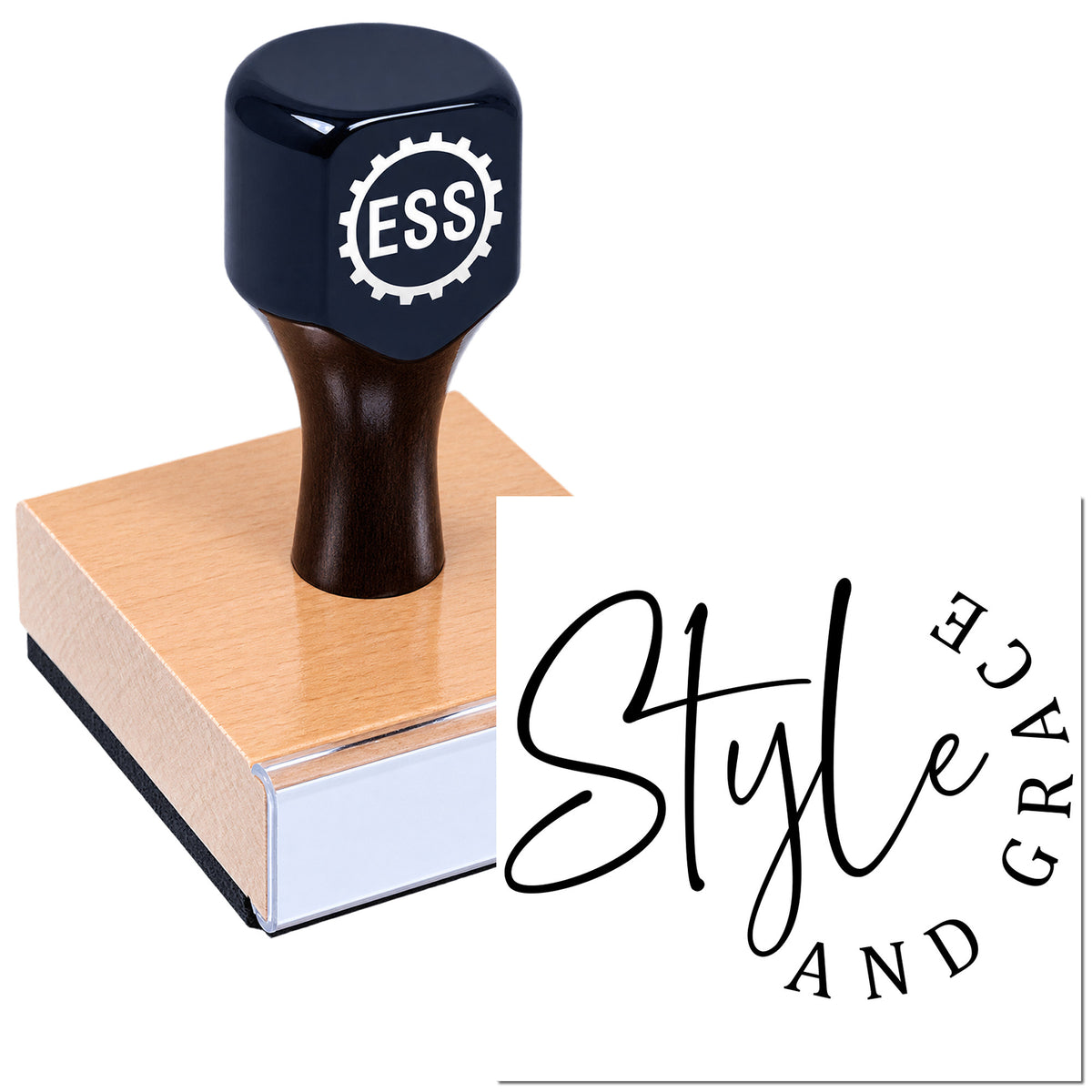 Dark navy self-inking stamp with ESS logo on copper base, beside black Style Grand seal mark.