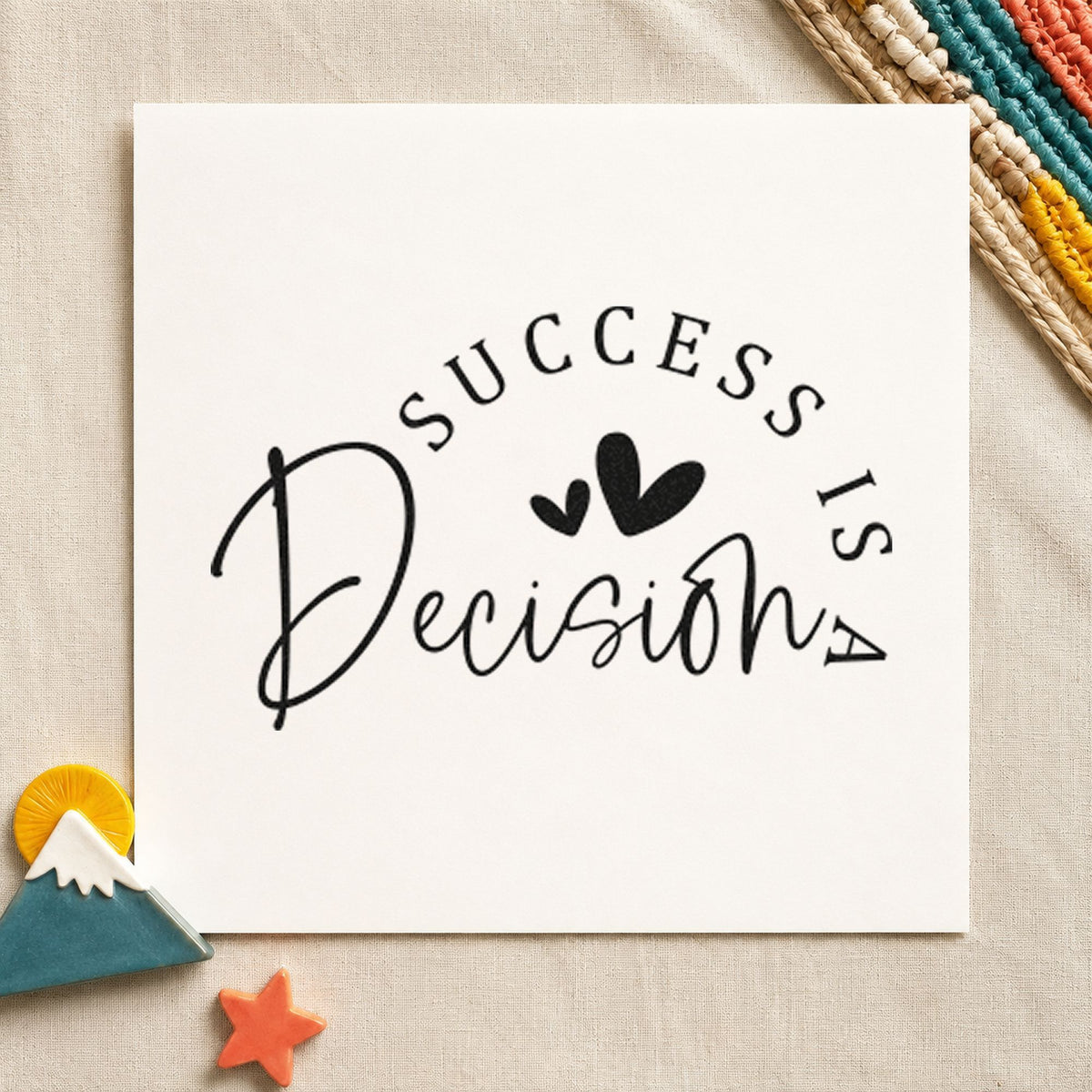Success Is a Decision craft stamp imprint in black ink on a handmade project, one idea being workbook gift tags.