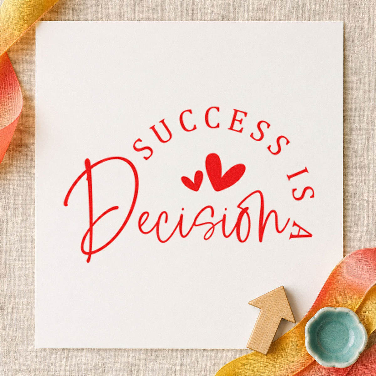 Success Is a Decision craft stamp imprint in red ink on a handmade project, one idea being progress note cards.