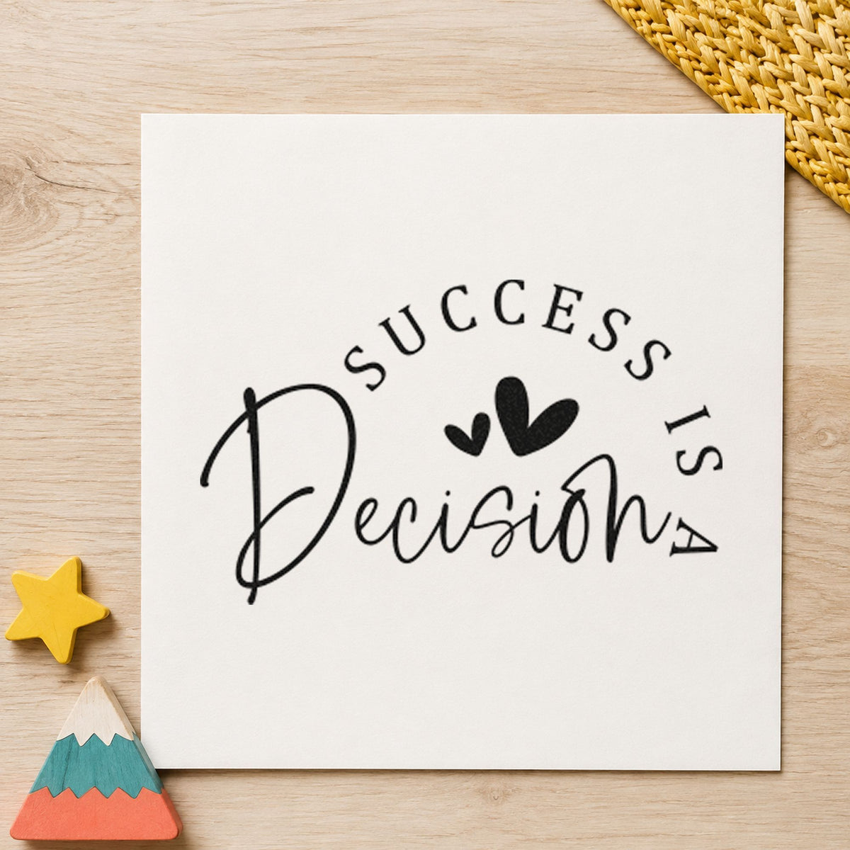 Success Is a Decision rubber stamp printed in black ink, ready for two heart curve cards and similar paper crafts.