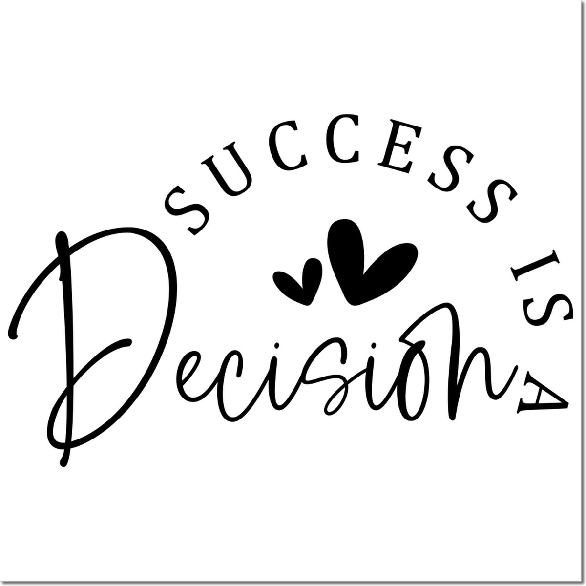 Black "Success Decision" stamp seal with heart icons on a white background