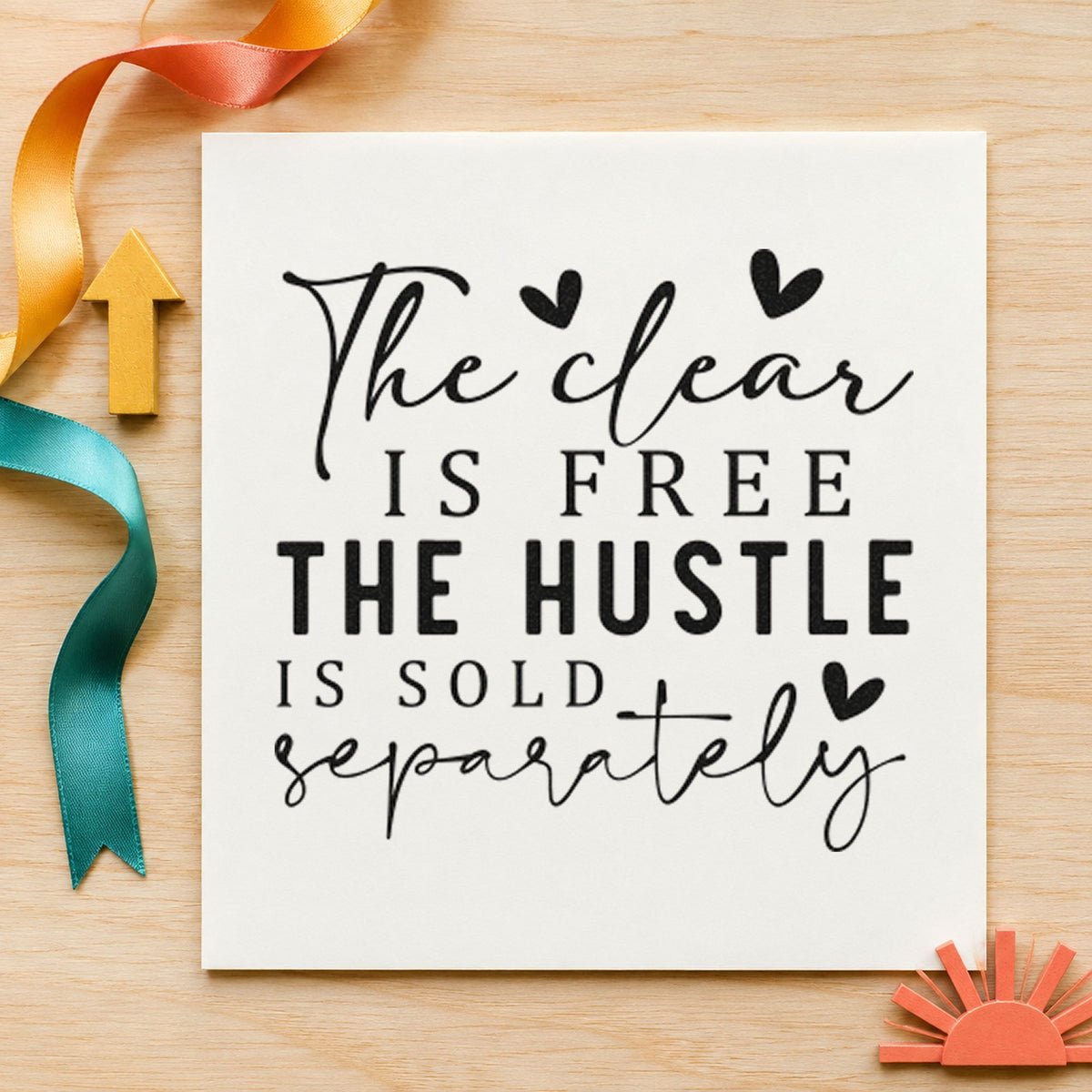 Clear Free Hustle Sold Separately craft stamp imprint in black ink on a handmade project, one idea being master gift tags.
