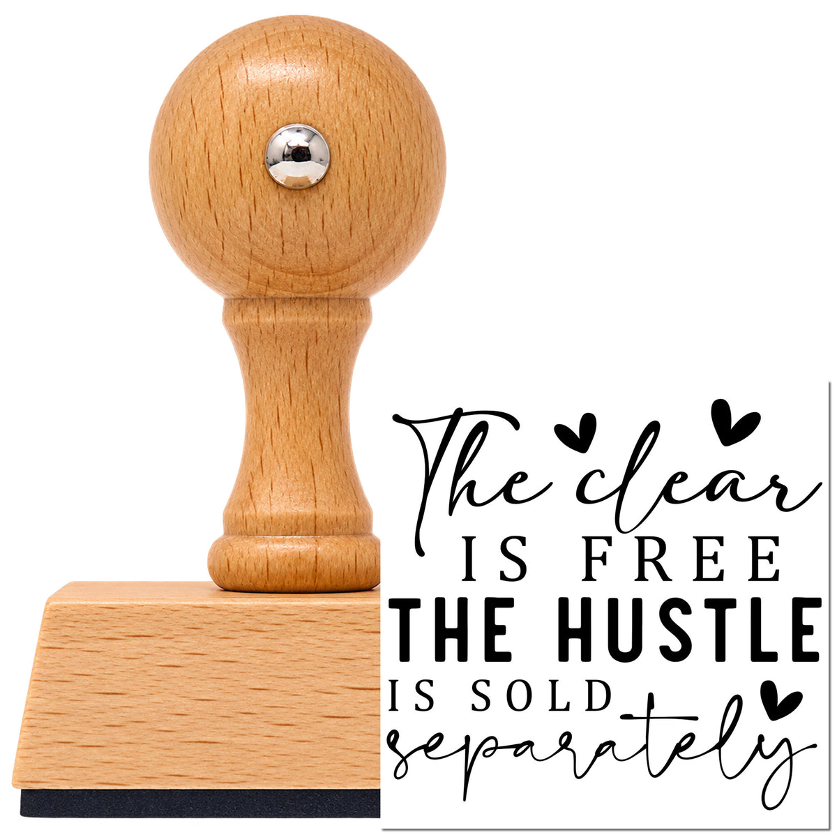 Vintage Pro beech wood stamp with a round knob handle, shown with its black Hustle Sold Separately Heart Quote imprint on white.
