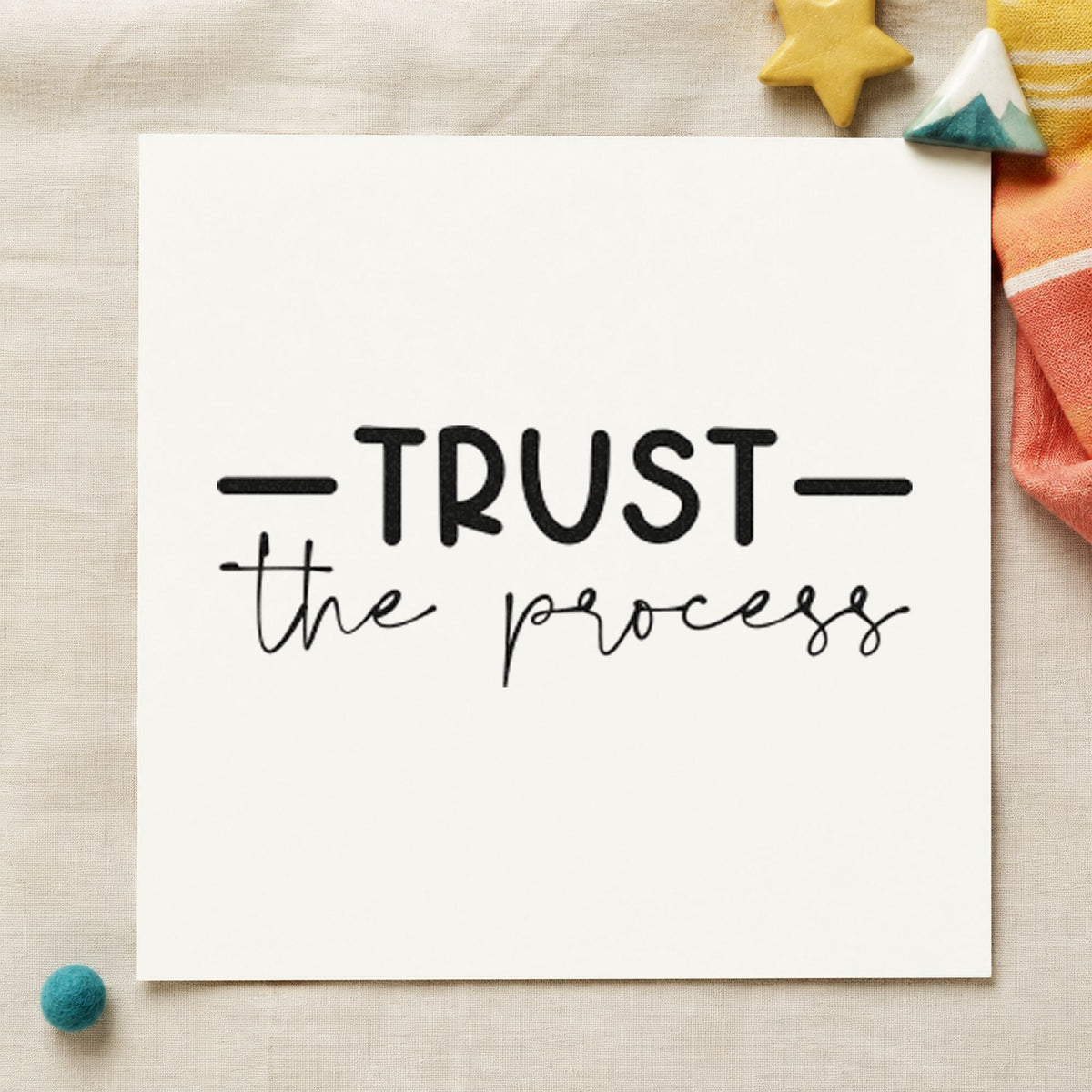 Trust The Process Script craft stamp in black ink on cardstock, an easy option for leather album page.