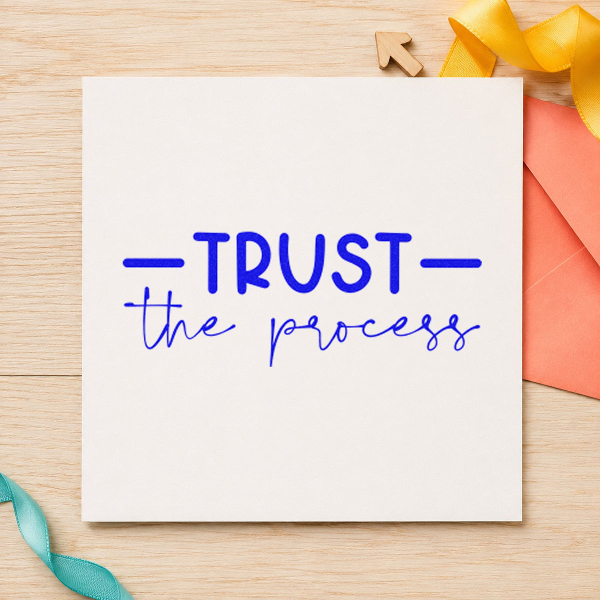 Trust The Process Script craft stamp in blue ink on cardstock, an easy option for bench apron printing.