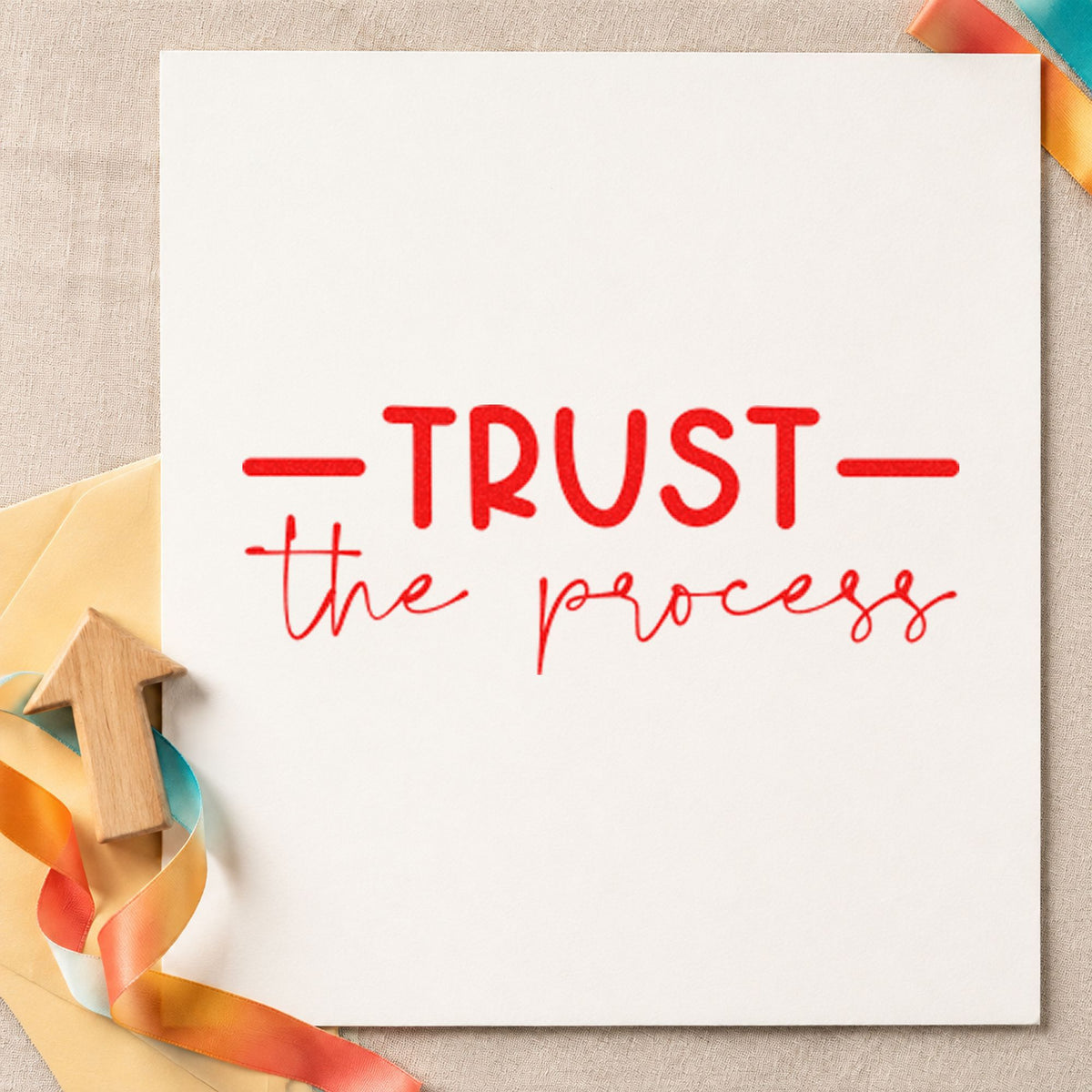 Trust The Process Script rubber stamp shown in red ink, stamped for projects such as bin hardware labels.