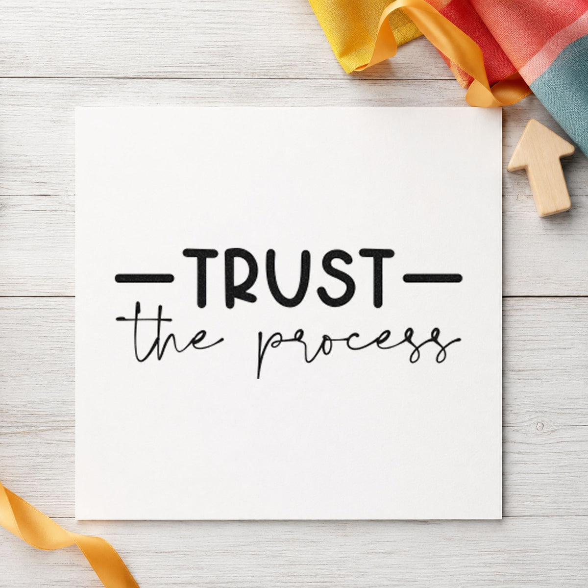 Trust The Process Script rubber stamp printed in black ink, ready for short rule cards and similar paper crafts.
