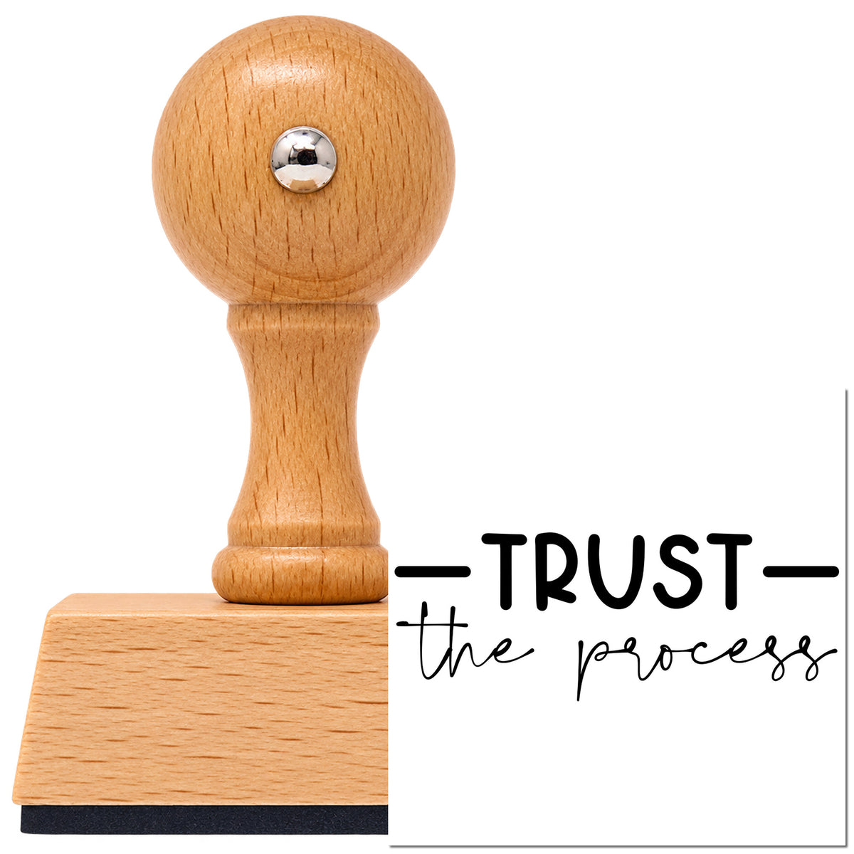 Vintage Pro beech wood stamp with a round knob handle, shown with its black Trust The Process imprint on white.