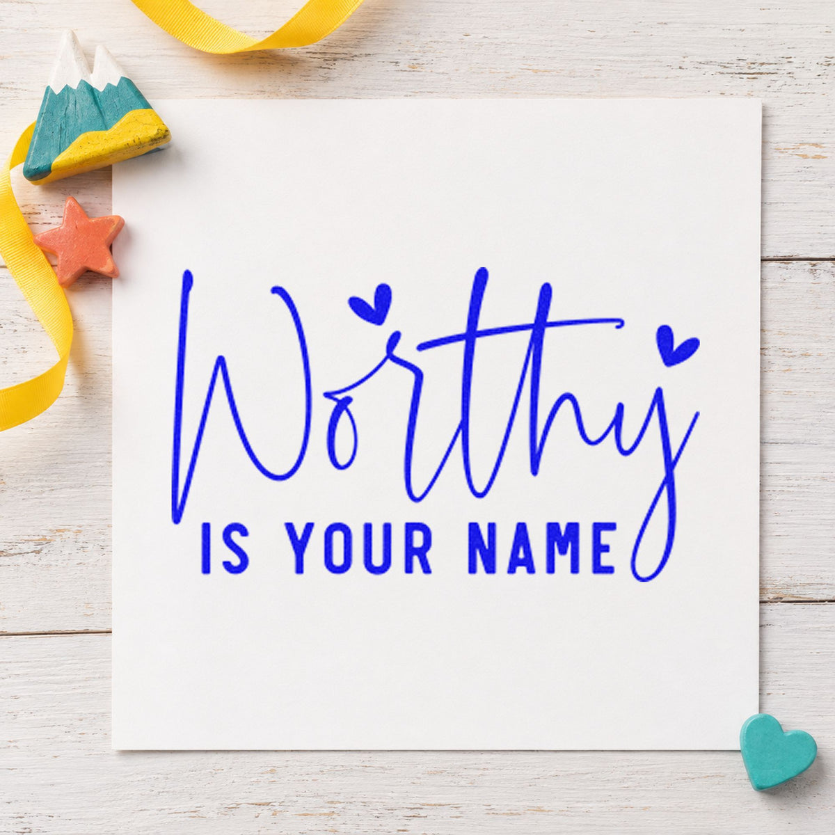 Worthy Is Your Name craft stamp in blue ink on cardstock, an easy option for tote panel printing.