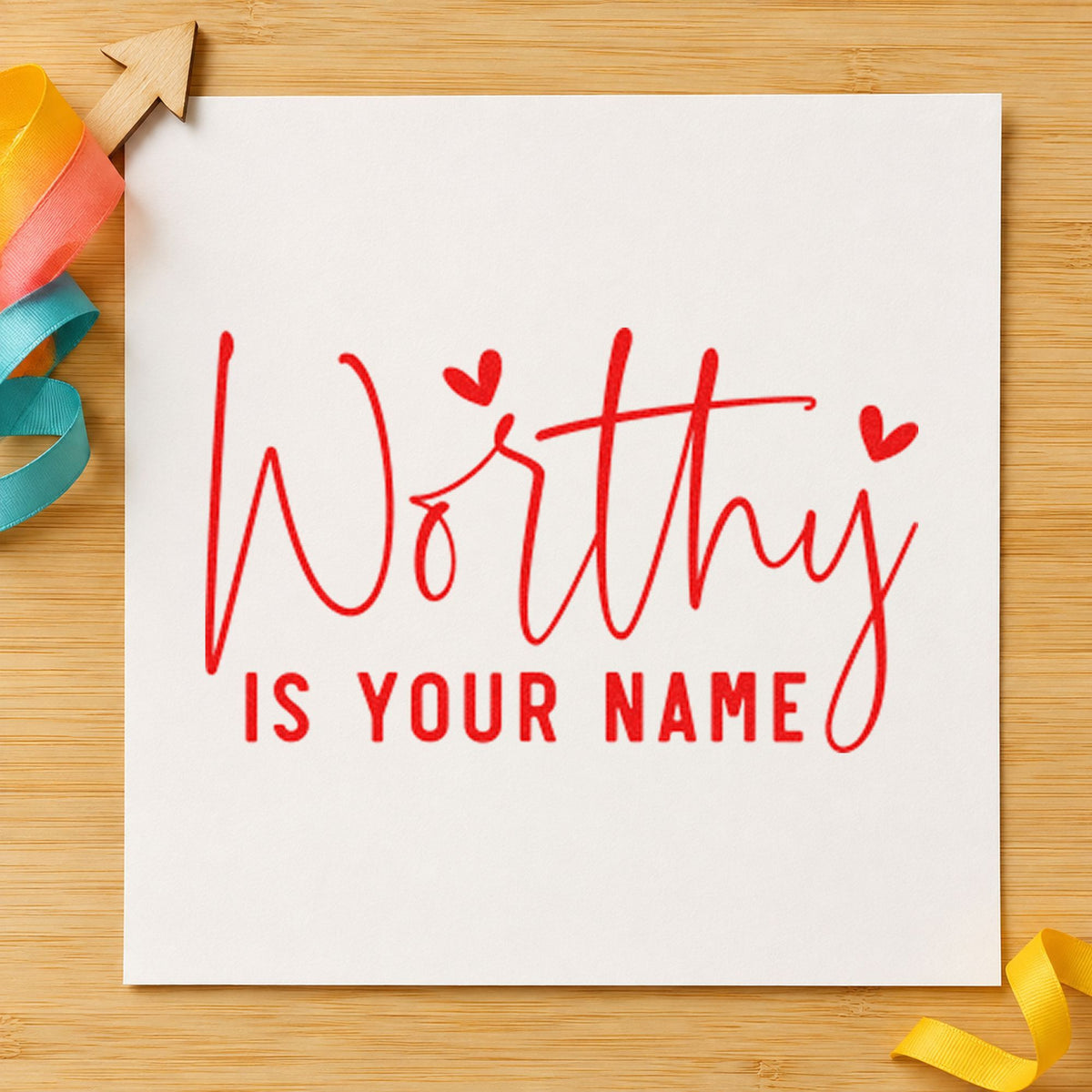 Worthy Is Your Name craft stamp imprint in red ink on a handmade project, one idea being encouragement cards.