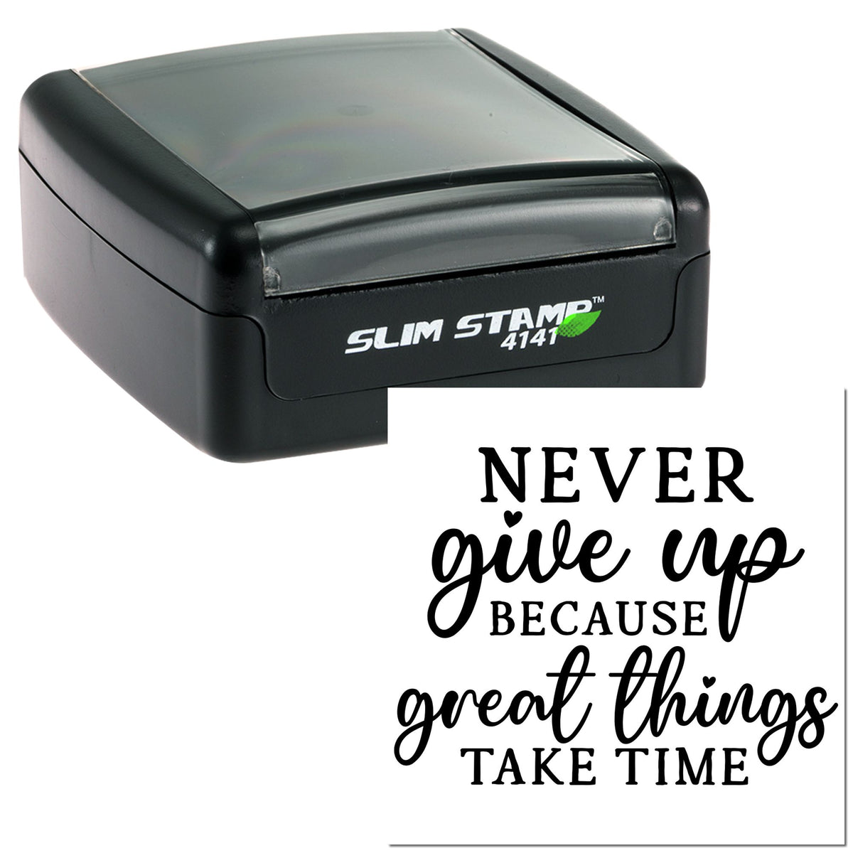 Black self-inking stamp and seal set, with a gray-black Slim Stamp 4141 and a Never give up inspirational seal design.