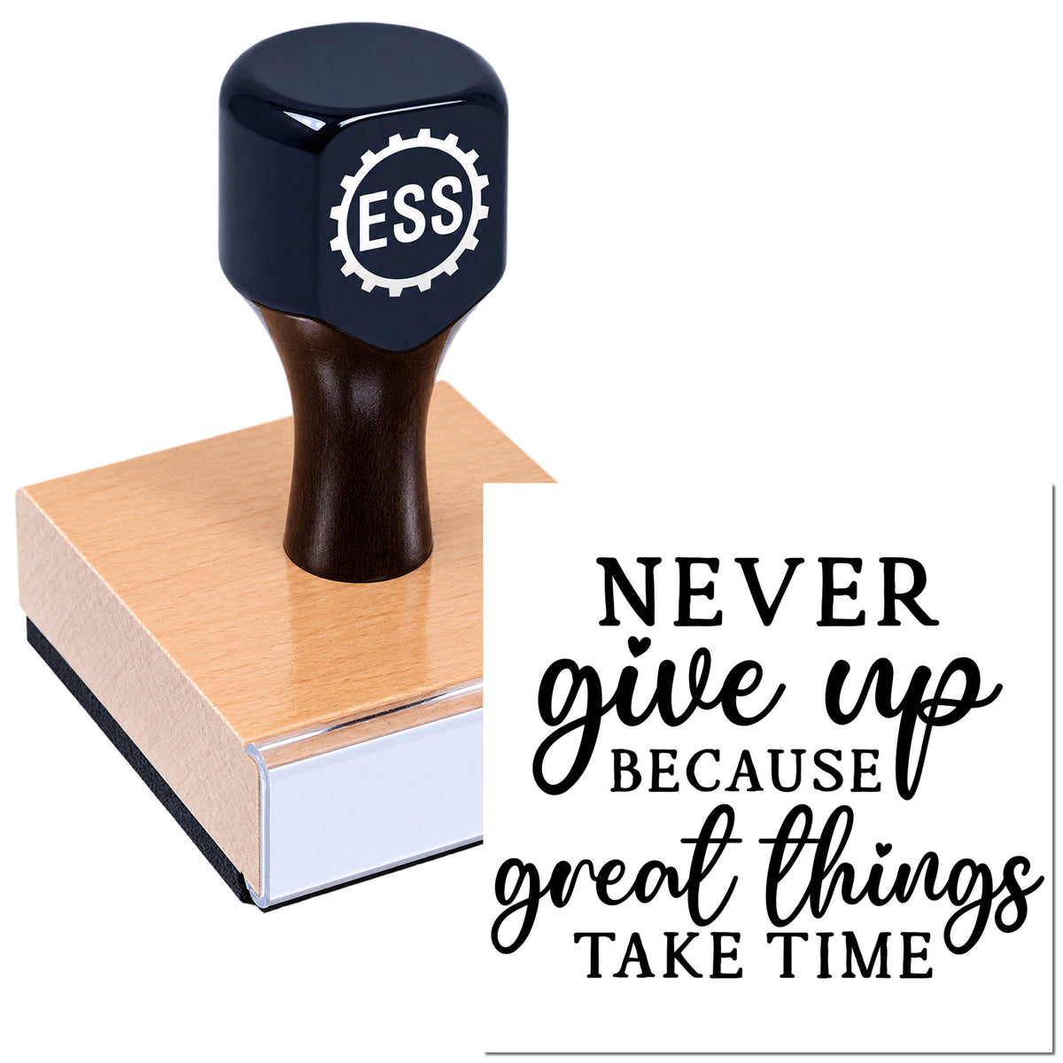 Navy ESS rubber stamp seal on copper block with black "Never give up..." text on white background.