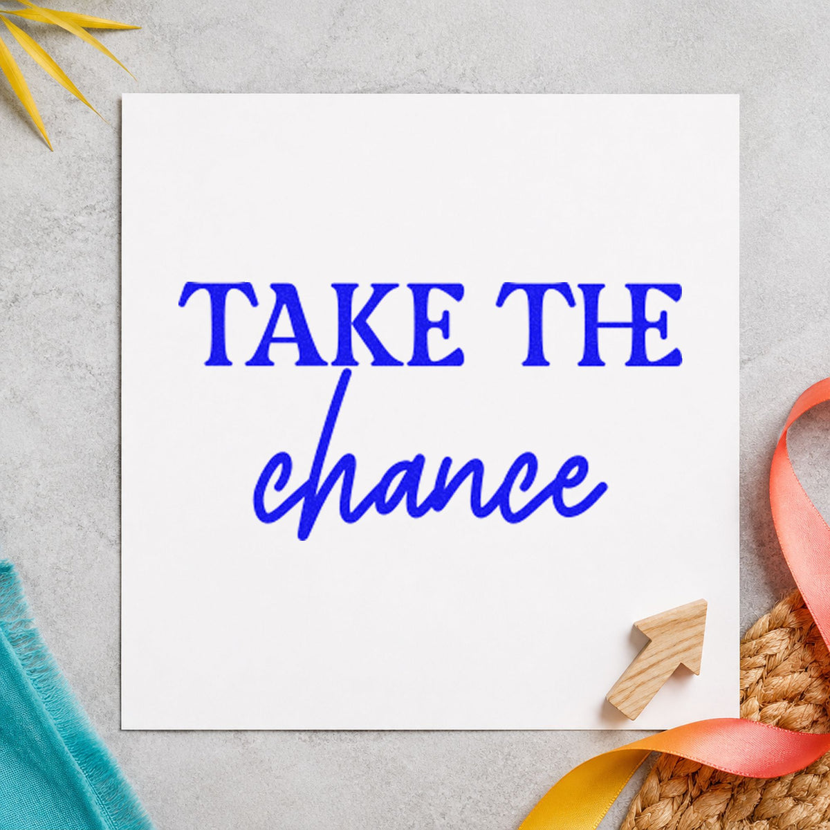 Take The Chance Lettering craft stamp imprinted in blue ink on paper, a design suited to framed recording nook.