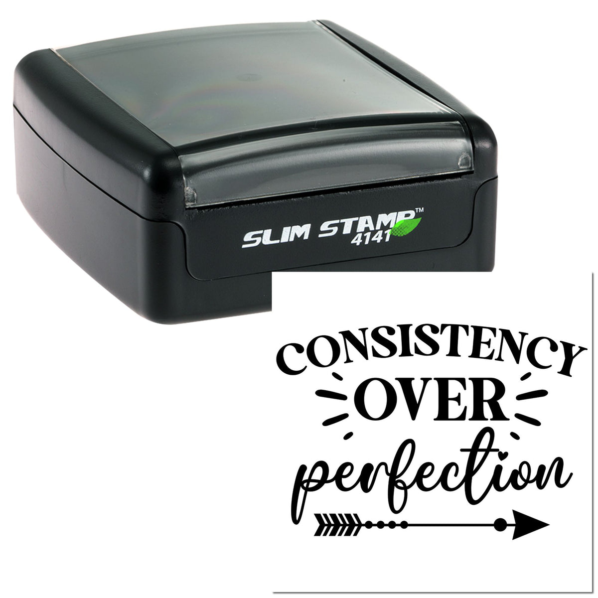 Black slim self-inking stamp with translucent gray lid and Consistency over perfection seal design.