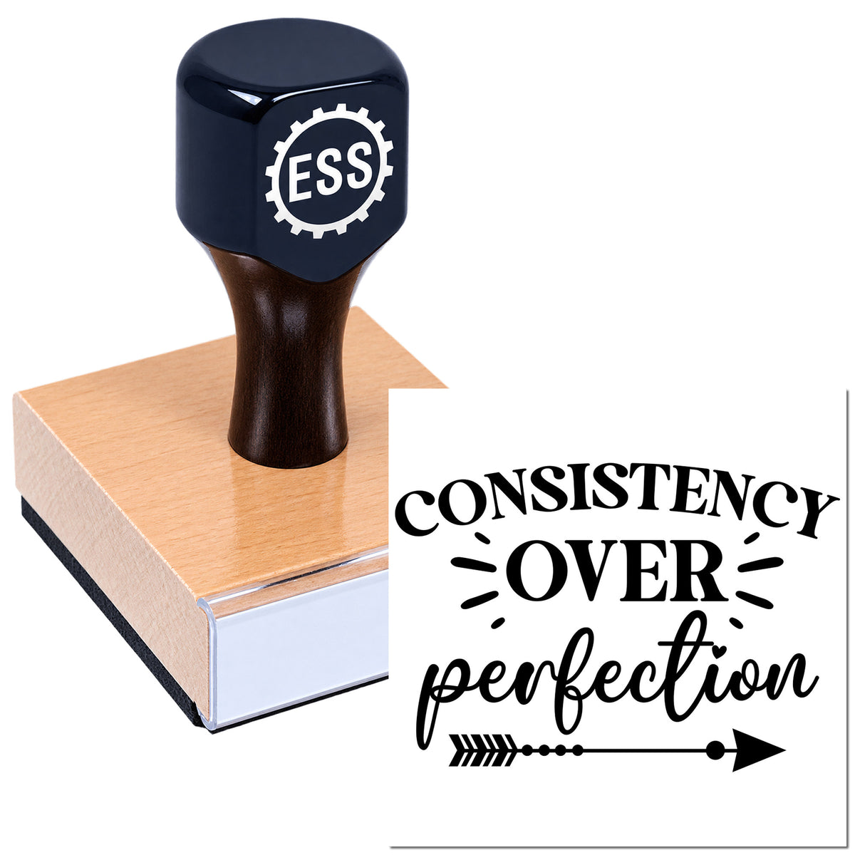 Black ESS rubber stamp on a pink seal block beside a "Consistency over perfection" seal graphic.
