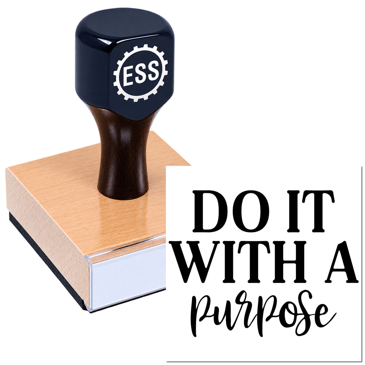 Dark navy ESS rubber stamp and seal with wooden base, black "Do It With a Purpose" text on white background