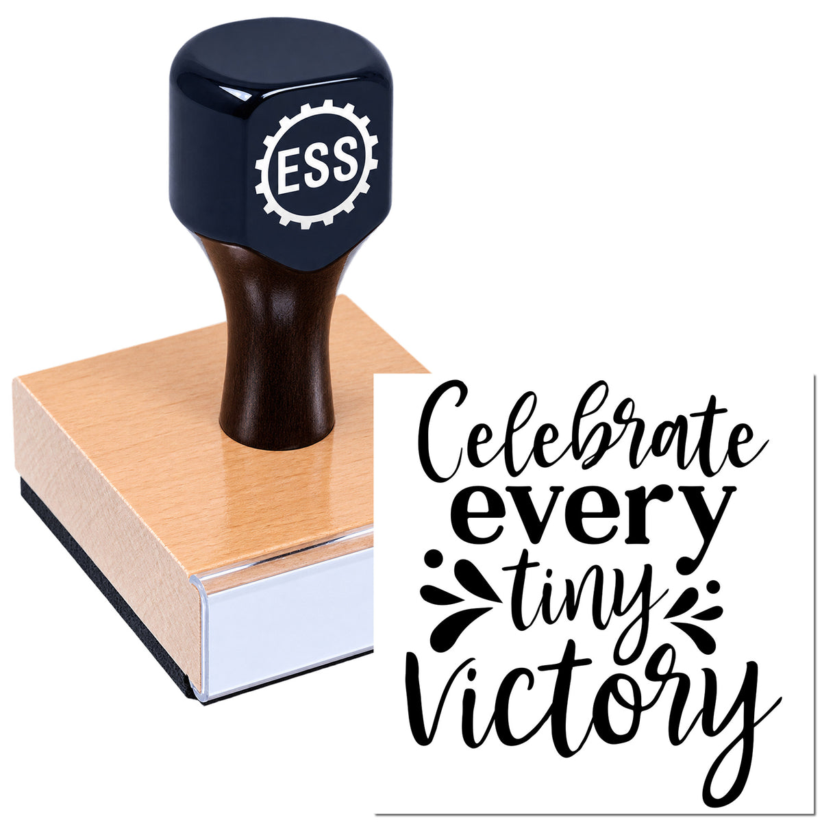 Black ESS stamp-and-seal on copper base with "Celebrate every tiny Victory" in black script.