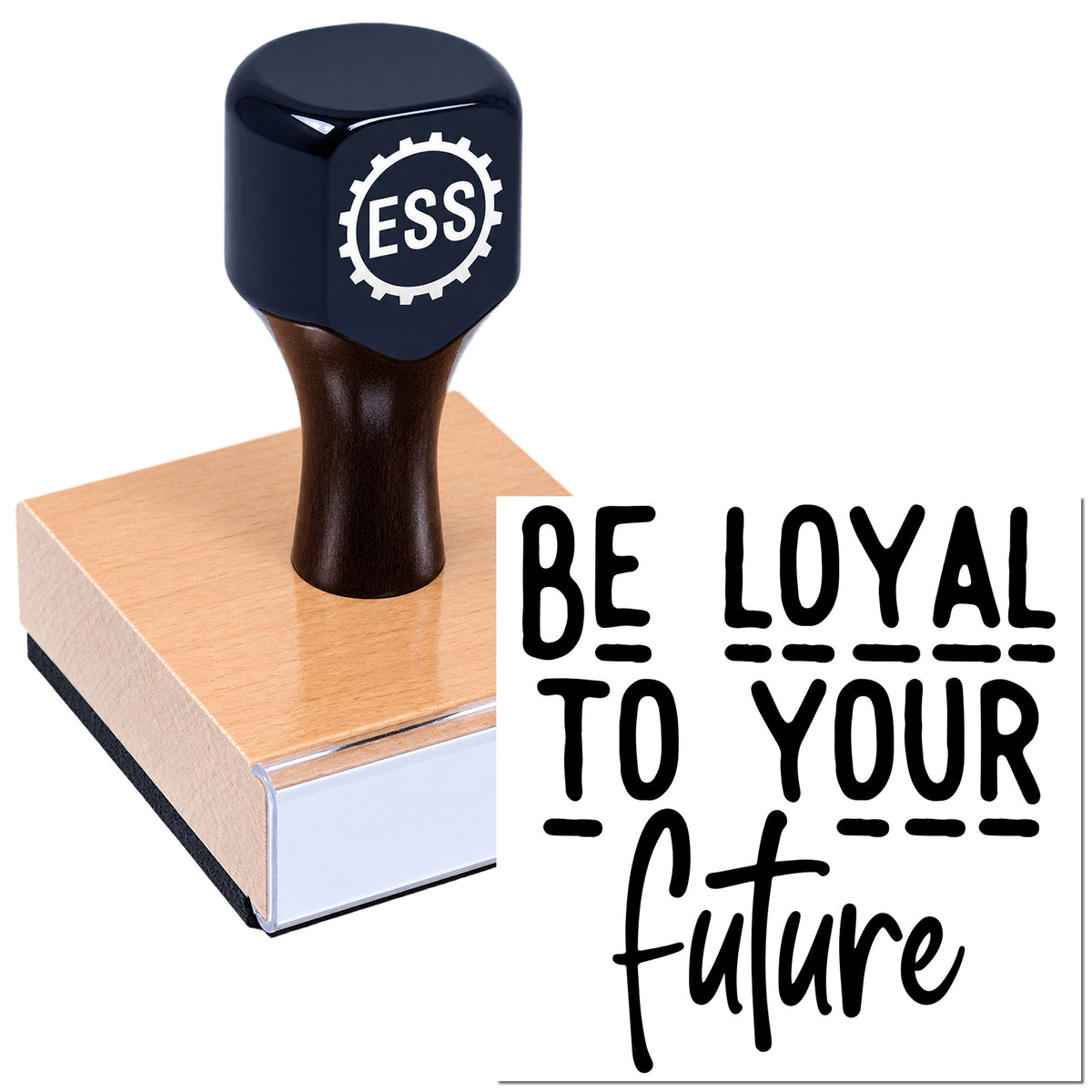Black ESS stamp seal on a pink block, with bold black "Be loyal to your future" lettering.
