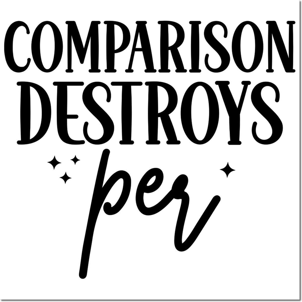 Black stamp-style seal with bold Comparison destroys text and sparkles on a white background.