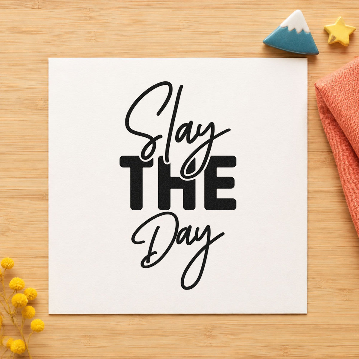 Slay The Day craft stamp in black ink on cardstock, an easy option for spirit week album page.