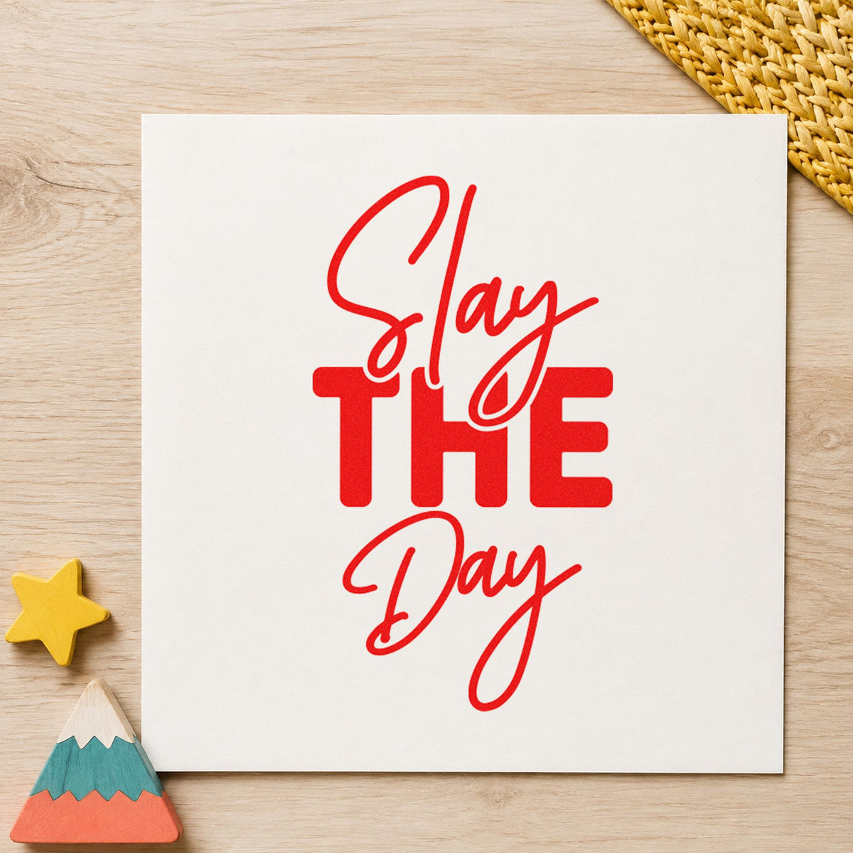 Slay The Day craft stamp imprint in red ink on a handmade project, one idea being point tally cards.