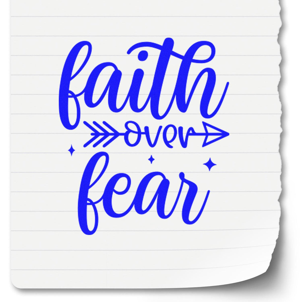 Faith Over Fear Arrow rubber stamp shown in blue ink, stamped for projects such as trip album page.