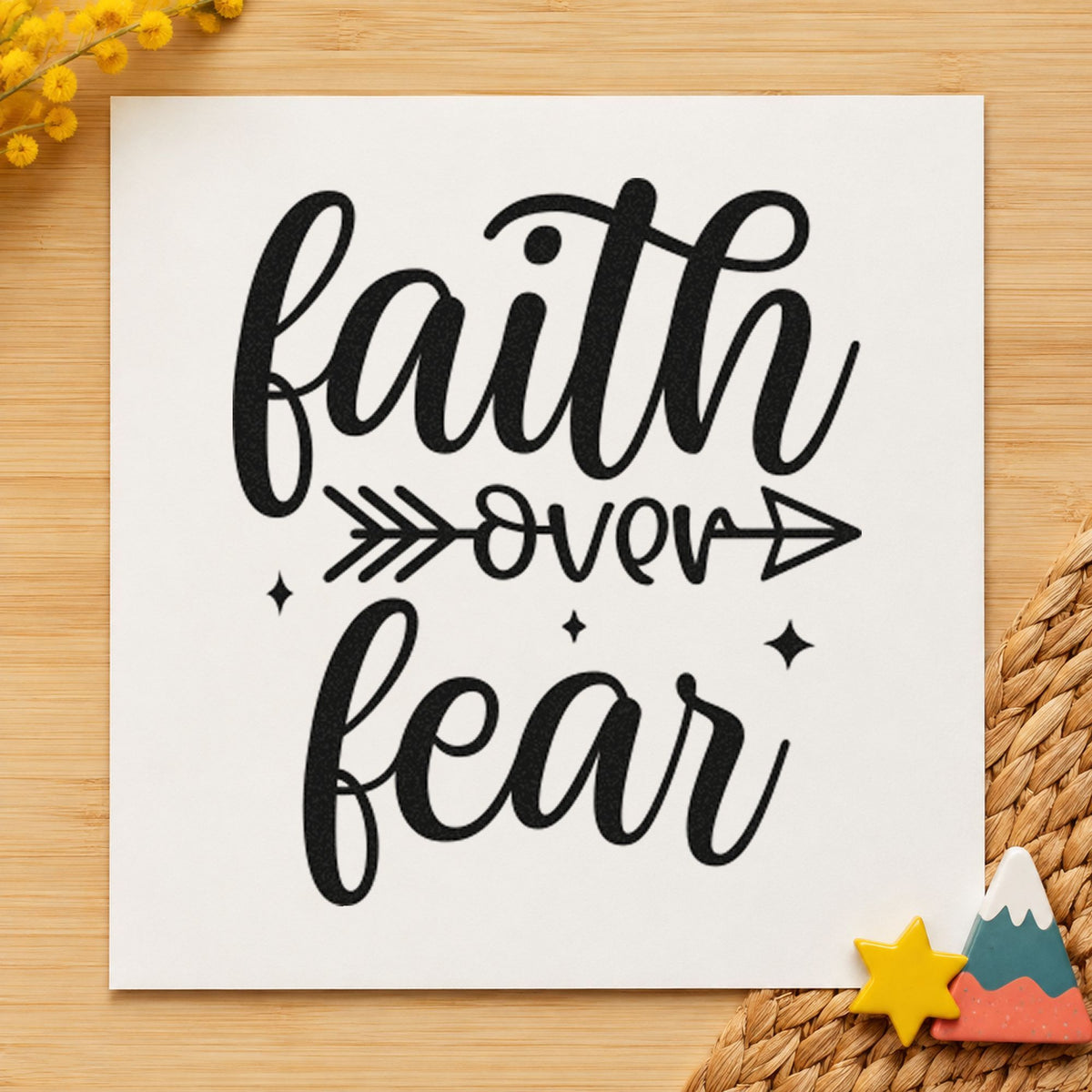 Faith Over Fear Arrow rubber stamp printed in black ink, ready for team roster sheet and similar paper crafts.