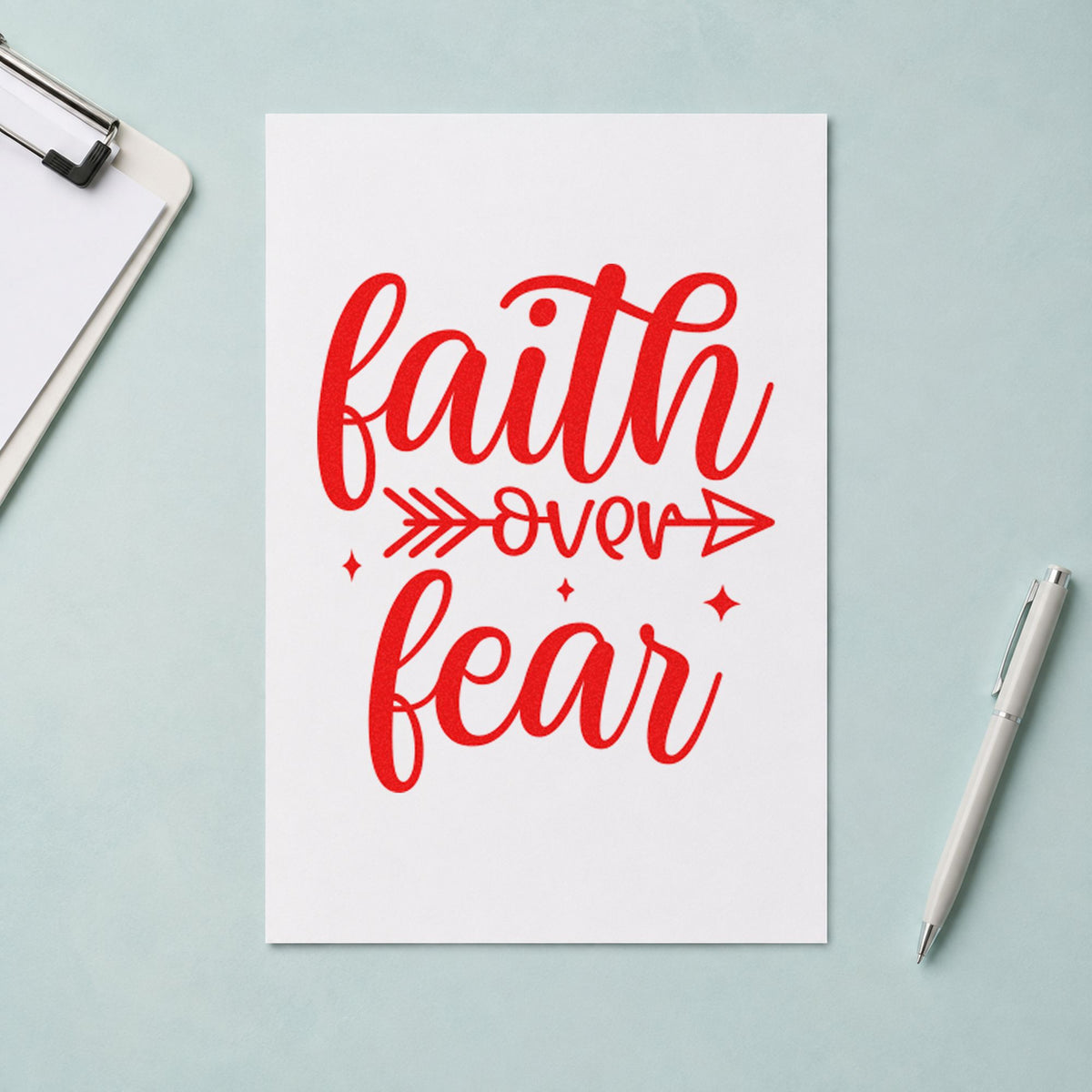 Faith Over Fear Arrow rubber stamp shown in red ink, stamped for projects such as bin project labels.
