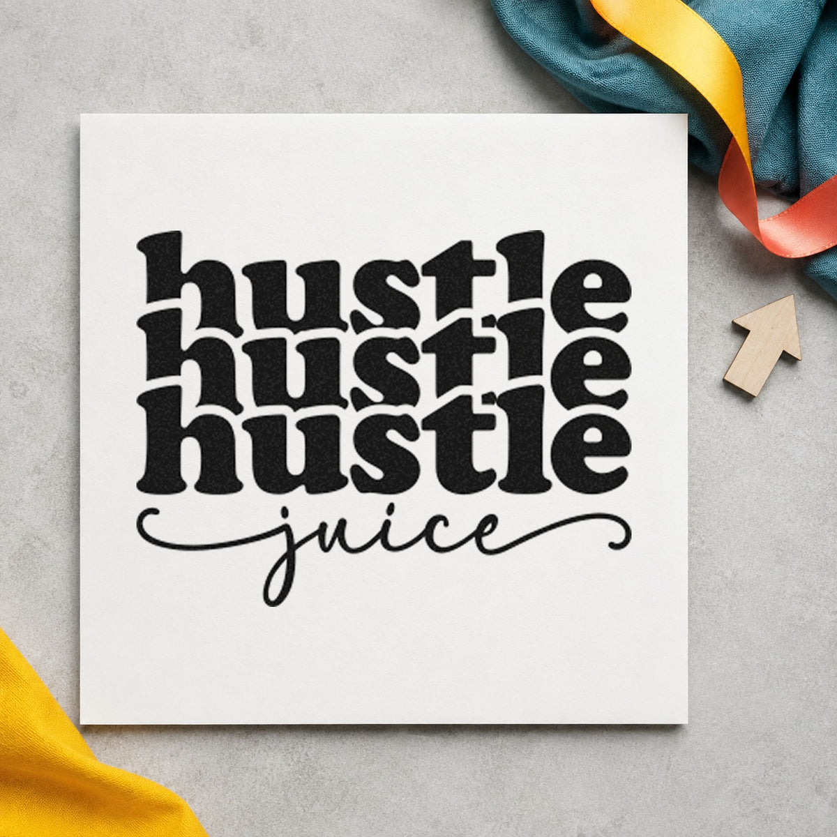 Hustle Juice Repeated Lettering craft stamp in black ink on cardstock, an easy option for roast album page.