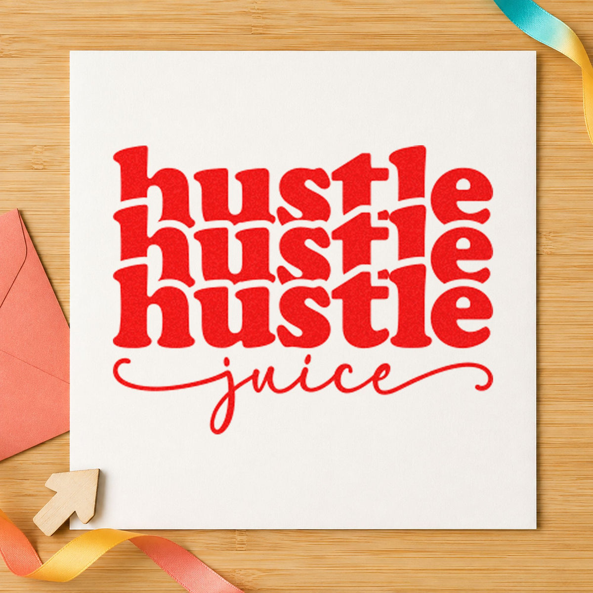 Hustle Juice Repeated Lettering craft stamp imprint in red ink on a handmade project, one idea being brew guide cards.