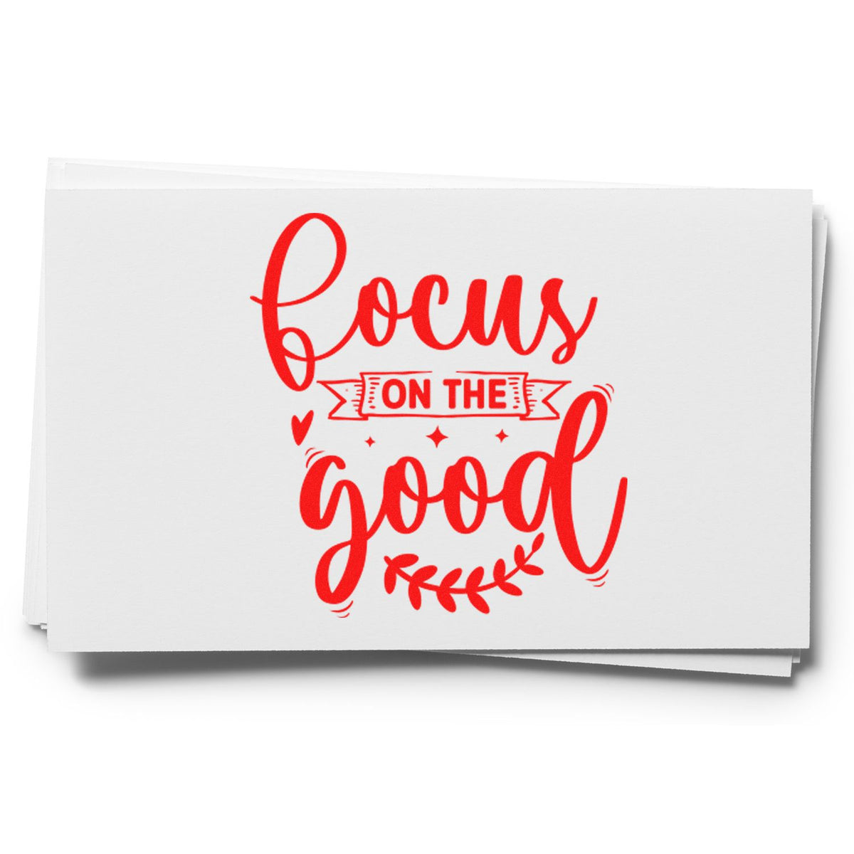 Red focus on the good stamp/seal design on stacked white cards, with bold script and banner lettering.