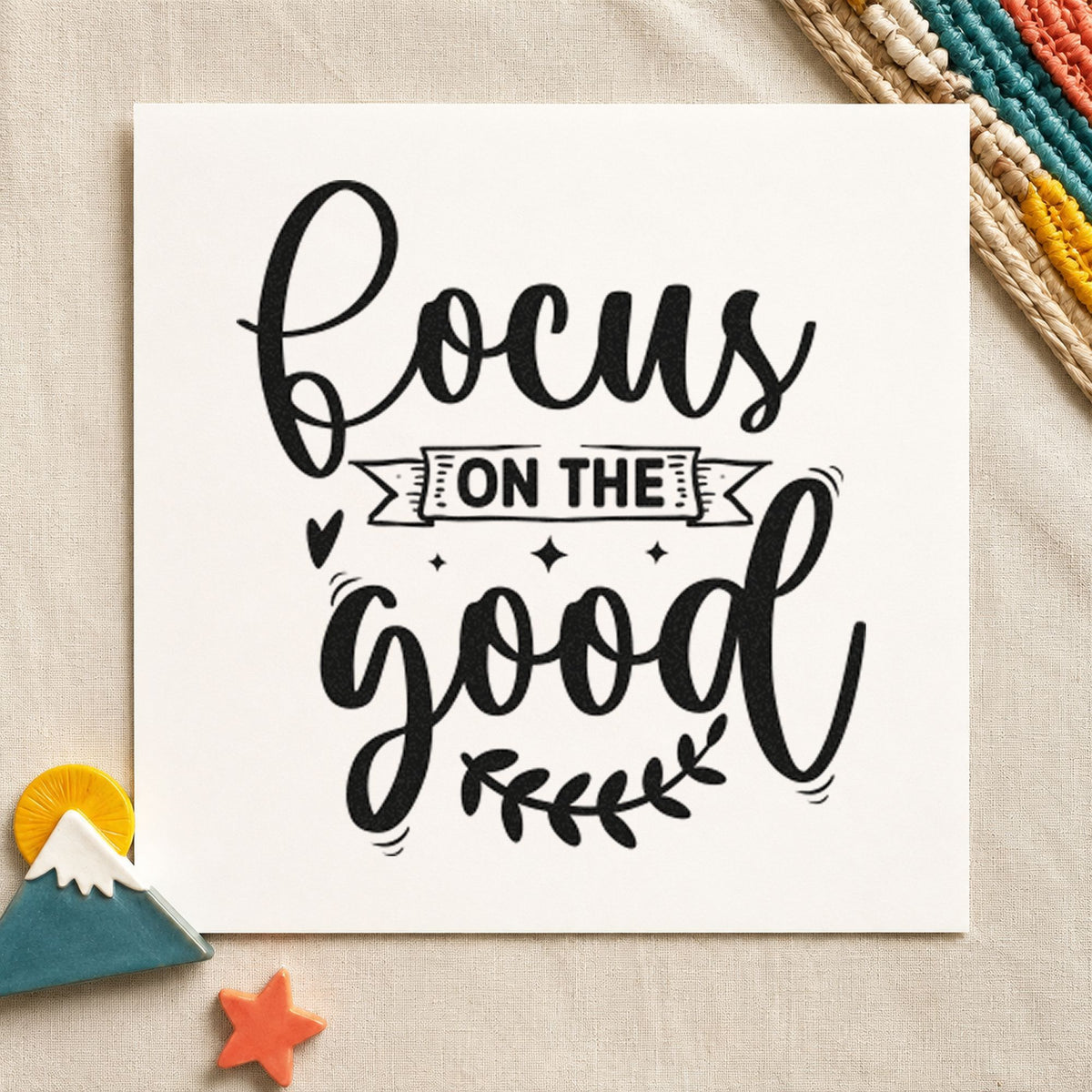 Focus On The Good Leaves craft stamp imprint in black ink on a handmade project, one idea being prize bag gift tags.