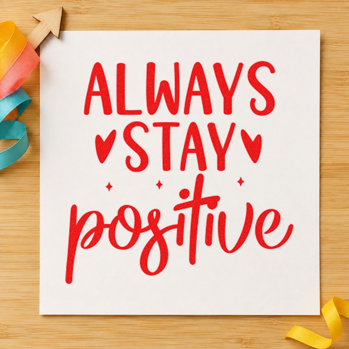 Always Stay Positive Hearts rubber stamp shown in red ink, stamped for projects such as bin float labels.