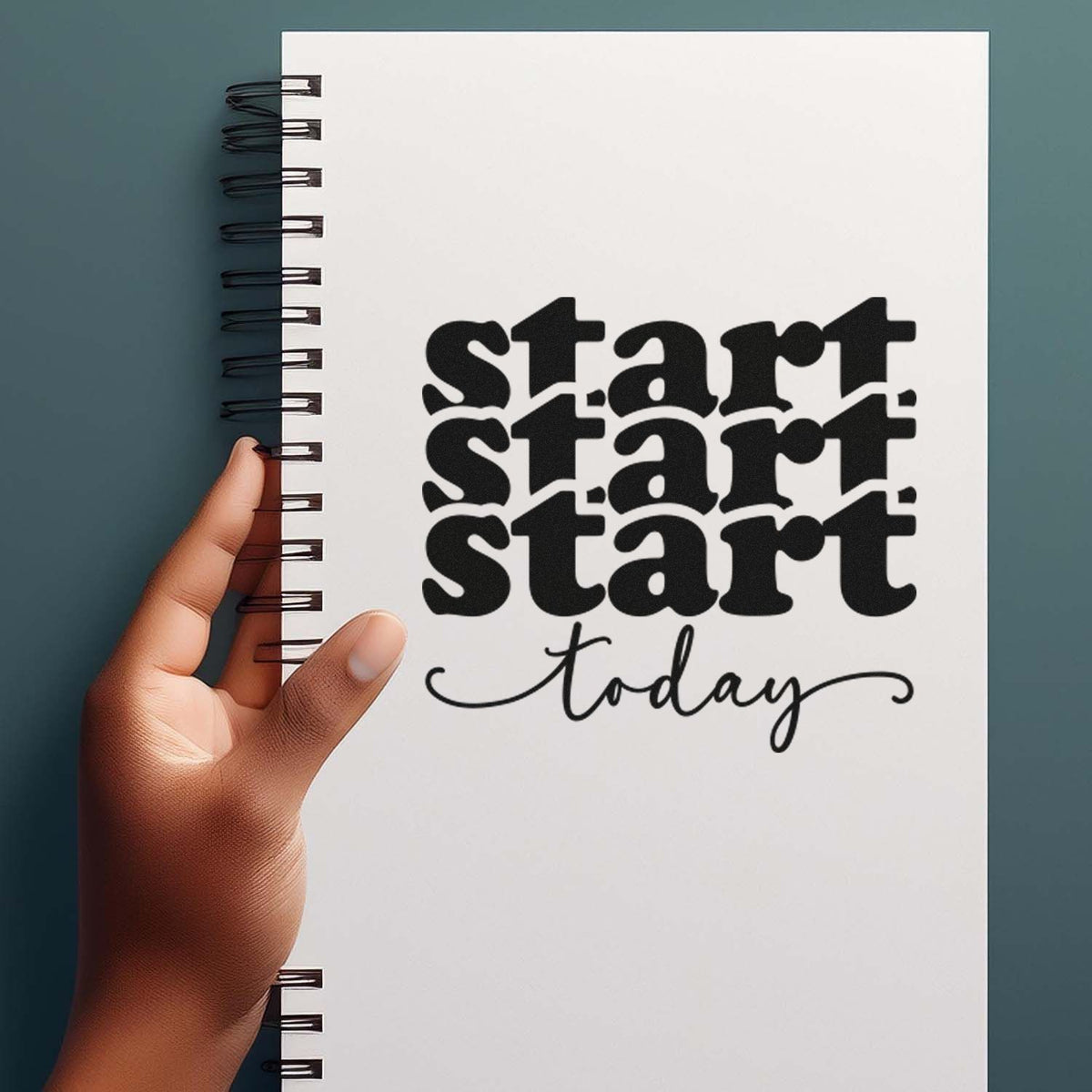 Custom stamp and seal design on white spiral notebook: black start start start today text on teal background.