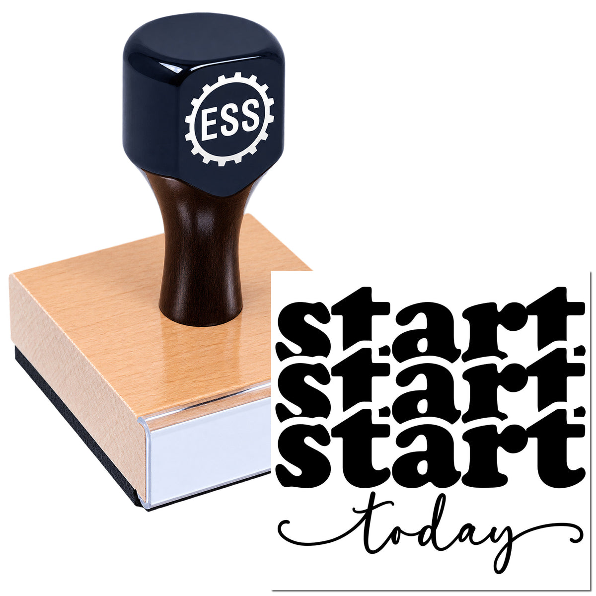 Black ESS rubber stamp and seal on a pink pad beside bold "start today" text on white.