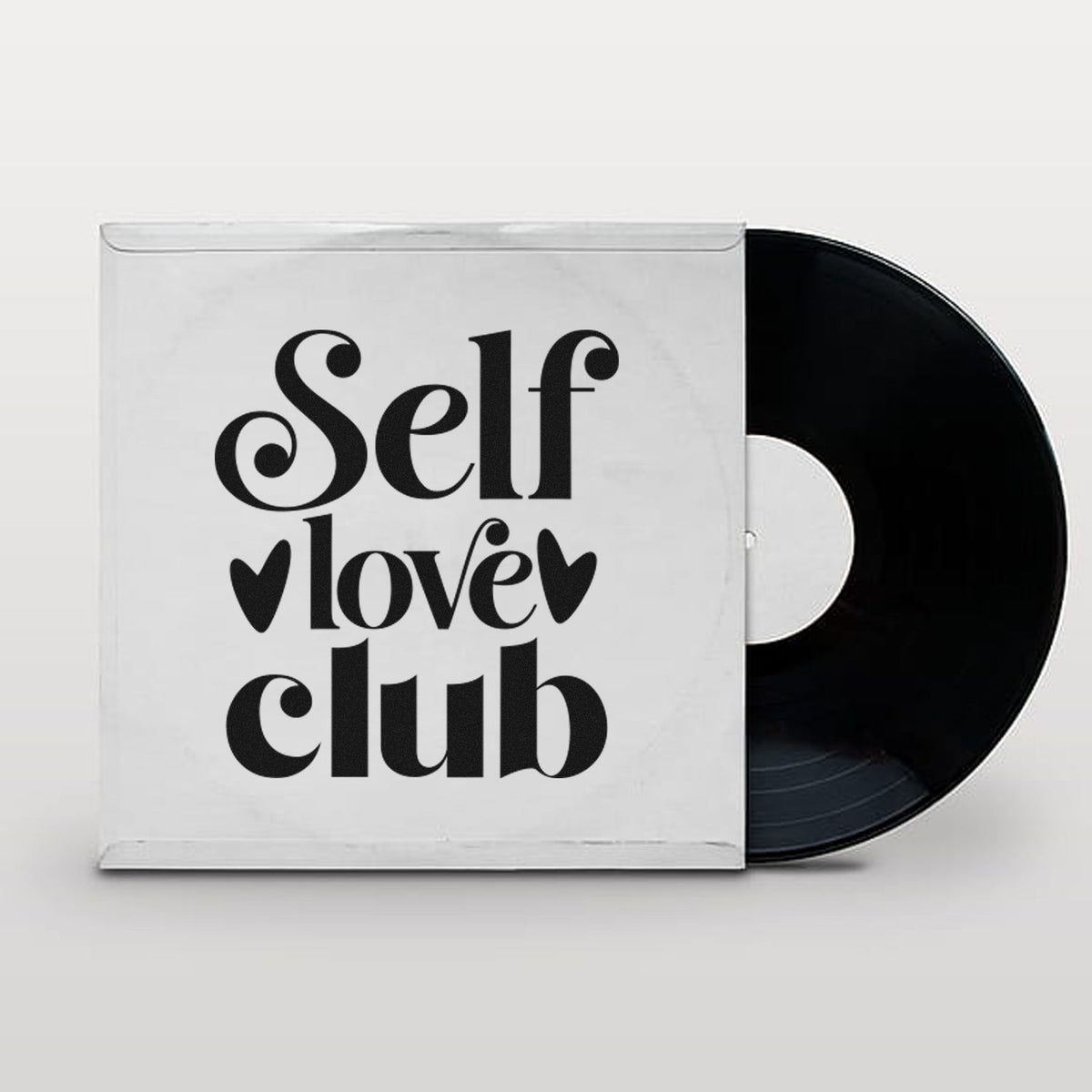 White stamp and seal package with black Self love club lettering and a partially visible black record.
