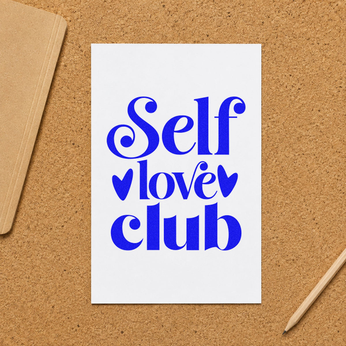 Self Love Club Hearts craft stamp in blue ink on cardstock, an easy option for towel wrap printing.