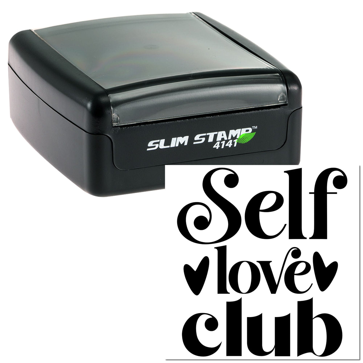 Black self-inking stamp with translucent gray lid and Self love club design for custom seals.