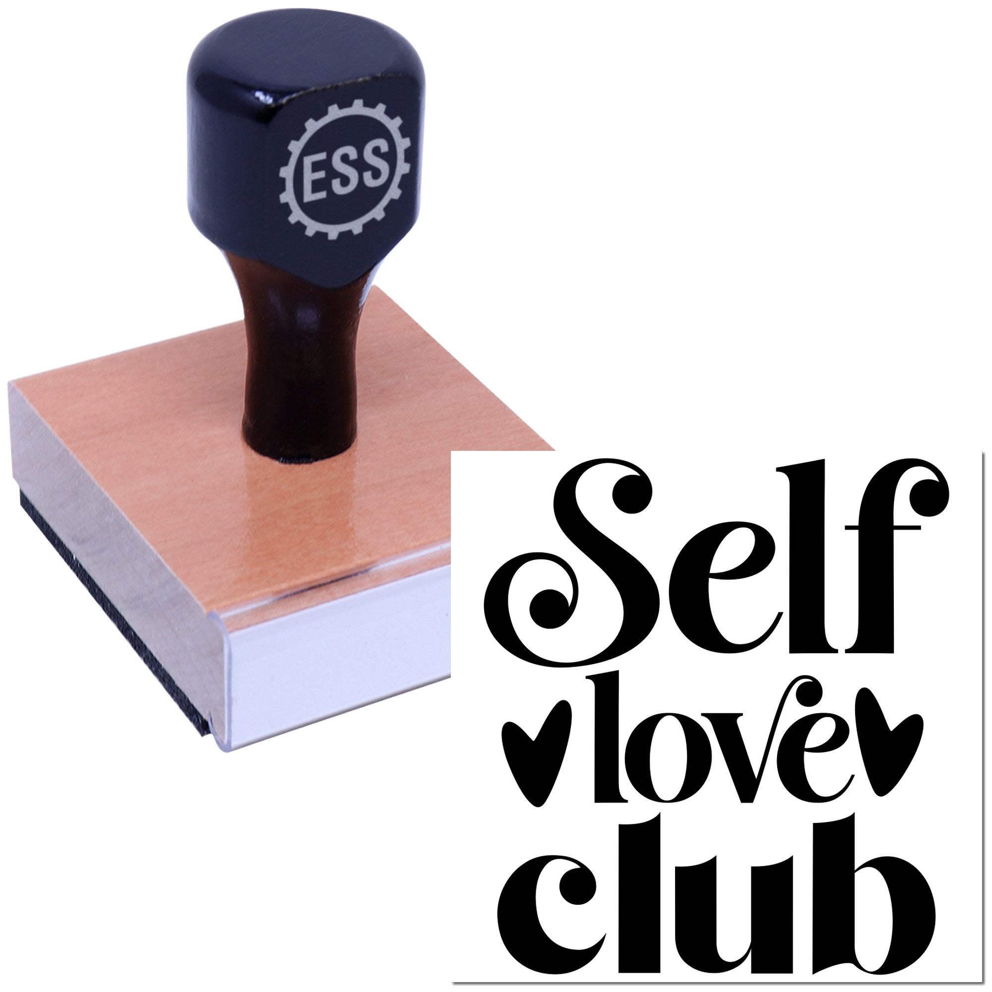 Dark blue ESS stamp and seal on a pink wooden block with black Self love club lettering