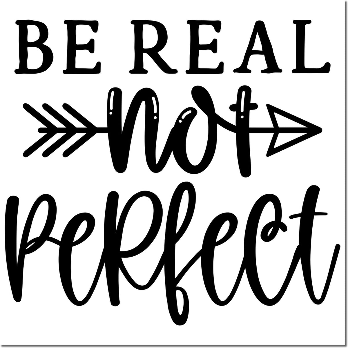 Black stamp and seal design reading Be Real Woof Repeat with arrow motifs on a white background.