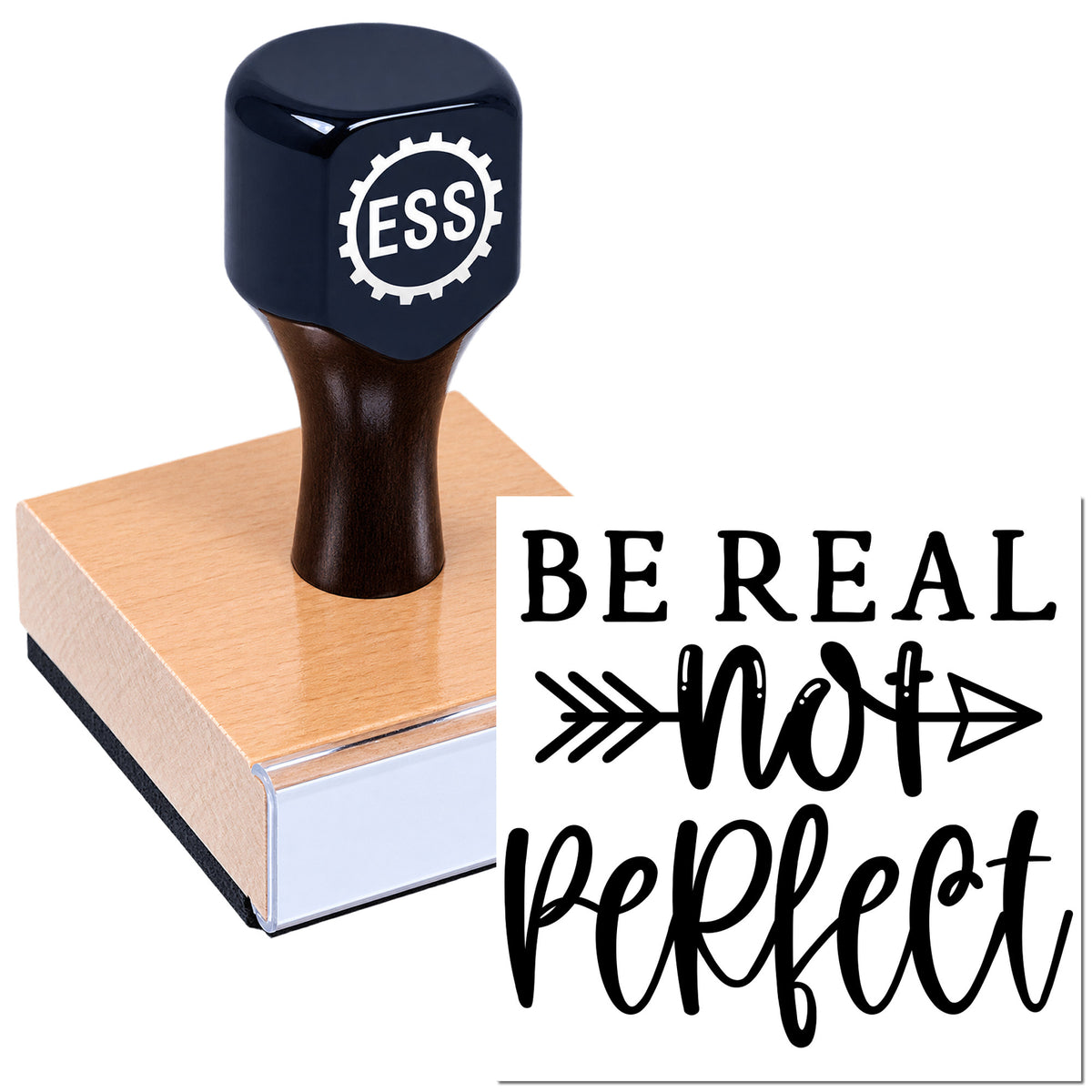 Black ESSI rubber stamp and seal on a copper block with wood handle, displaying "Be Real Not Perfect" in black and white.