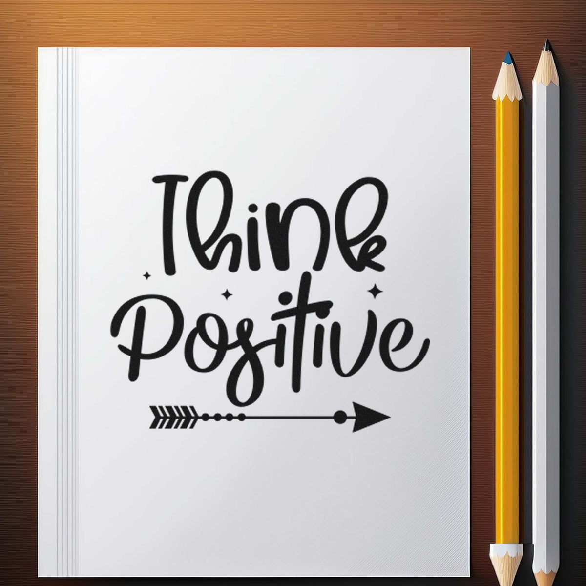 Think Positive custom stamp and seal design on white notebook page, with black script and two pencils on a brown background.