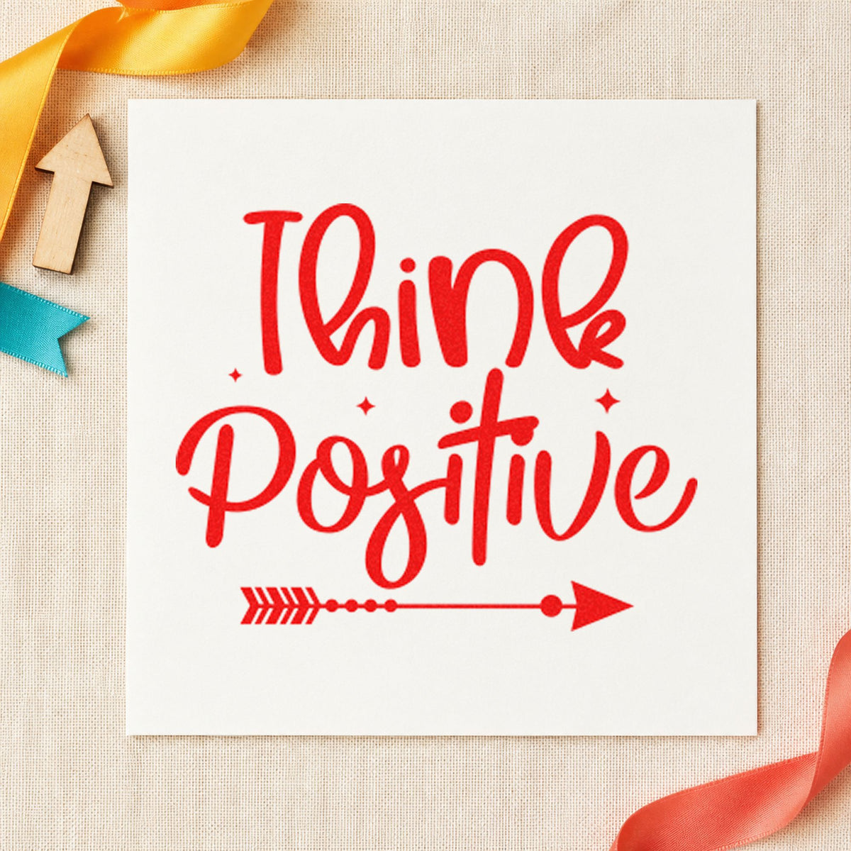 Think Positive Arrow rubber stamp shown in red ink, stamped for projects such as bin supply labels.