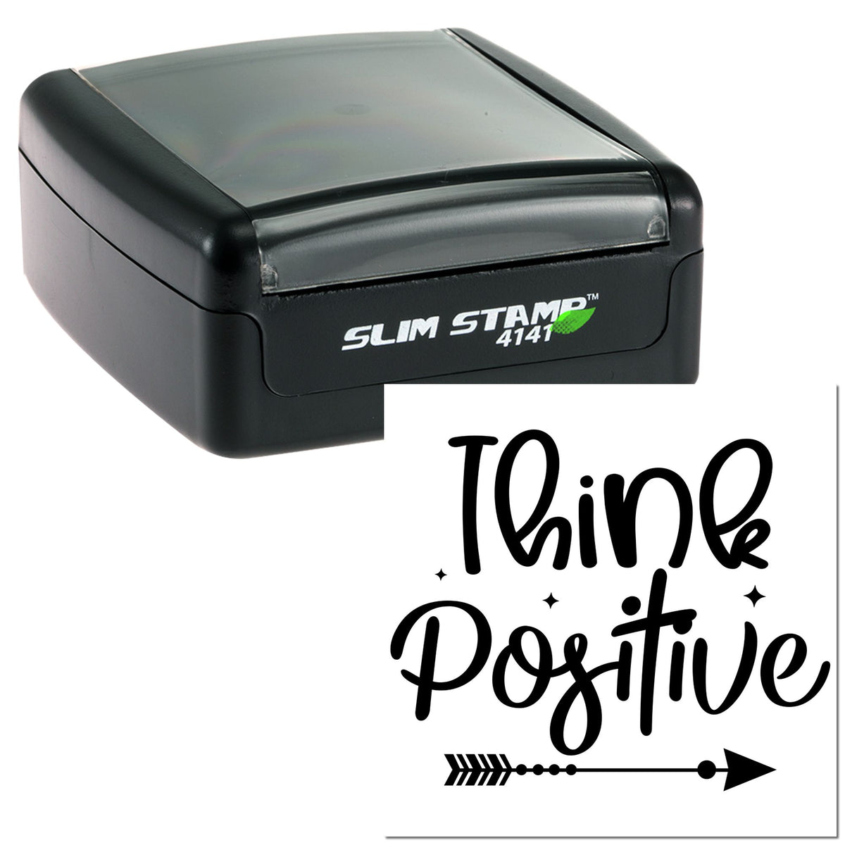 Black Slim Stamp 4141 self-inking stamp with translucent gray lid beside white seal design reading Thine Positive.
