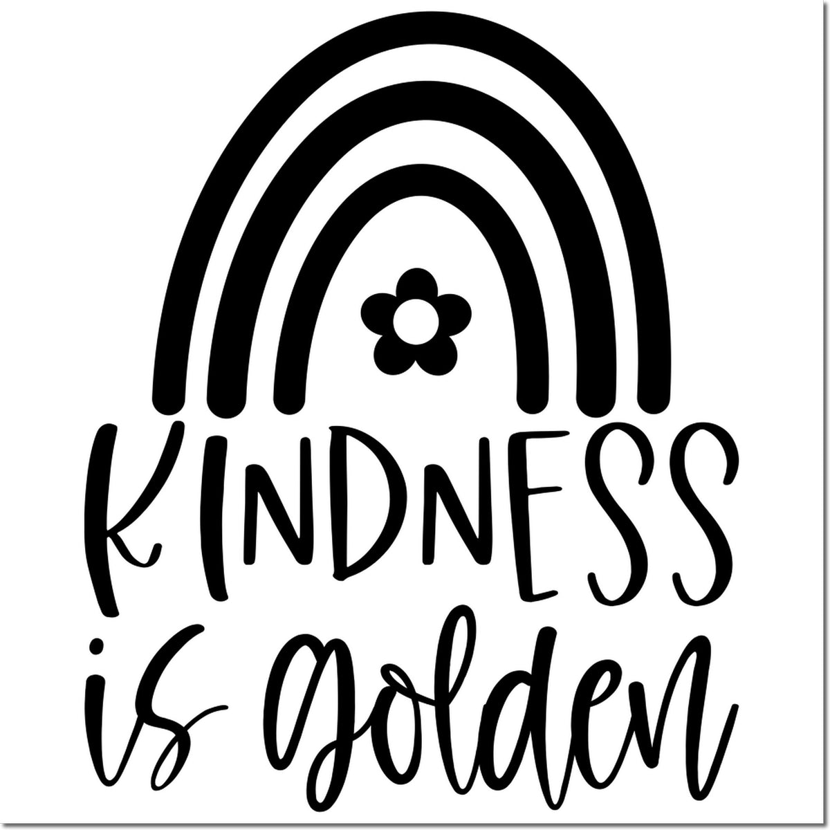 Black kindness stamp seal with rainbow and flower icon on white background, reading Kindness is golden.