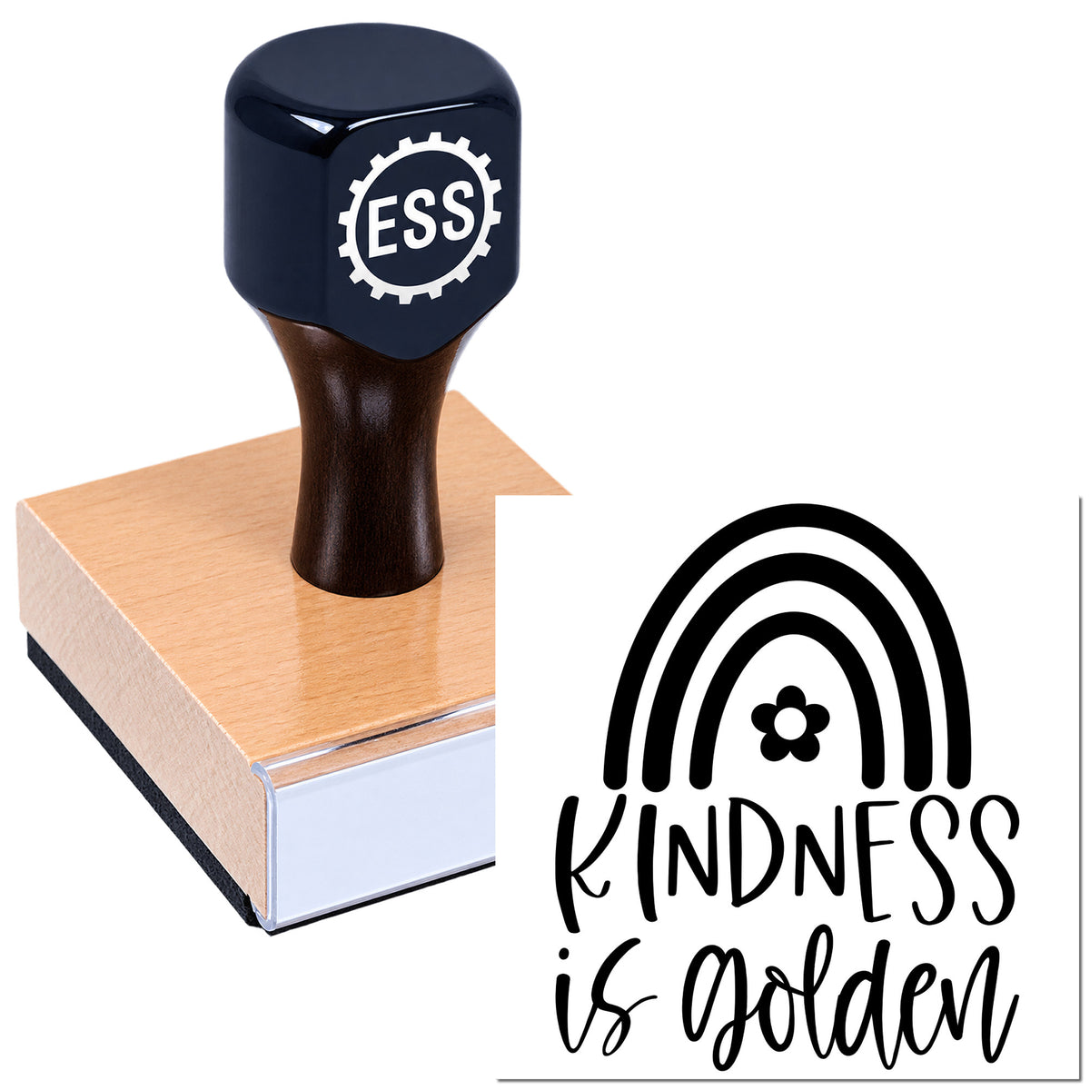 Dark navy custom stamp with ESS logo on copper-toned block beside black "Kindness is golden" seal design