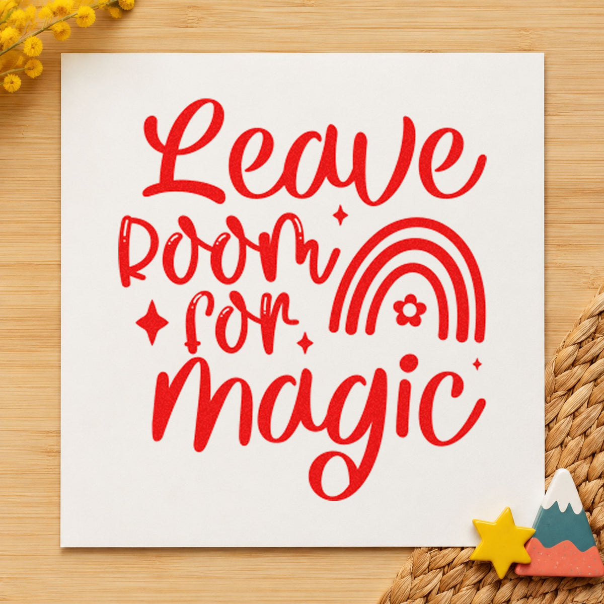 Leave Room For Magic Rainbow craft stamp imprint in red ink on a handmade project, one idea being story prompt cards.